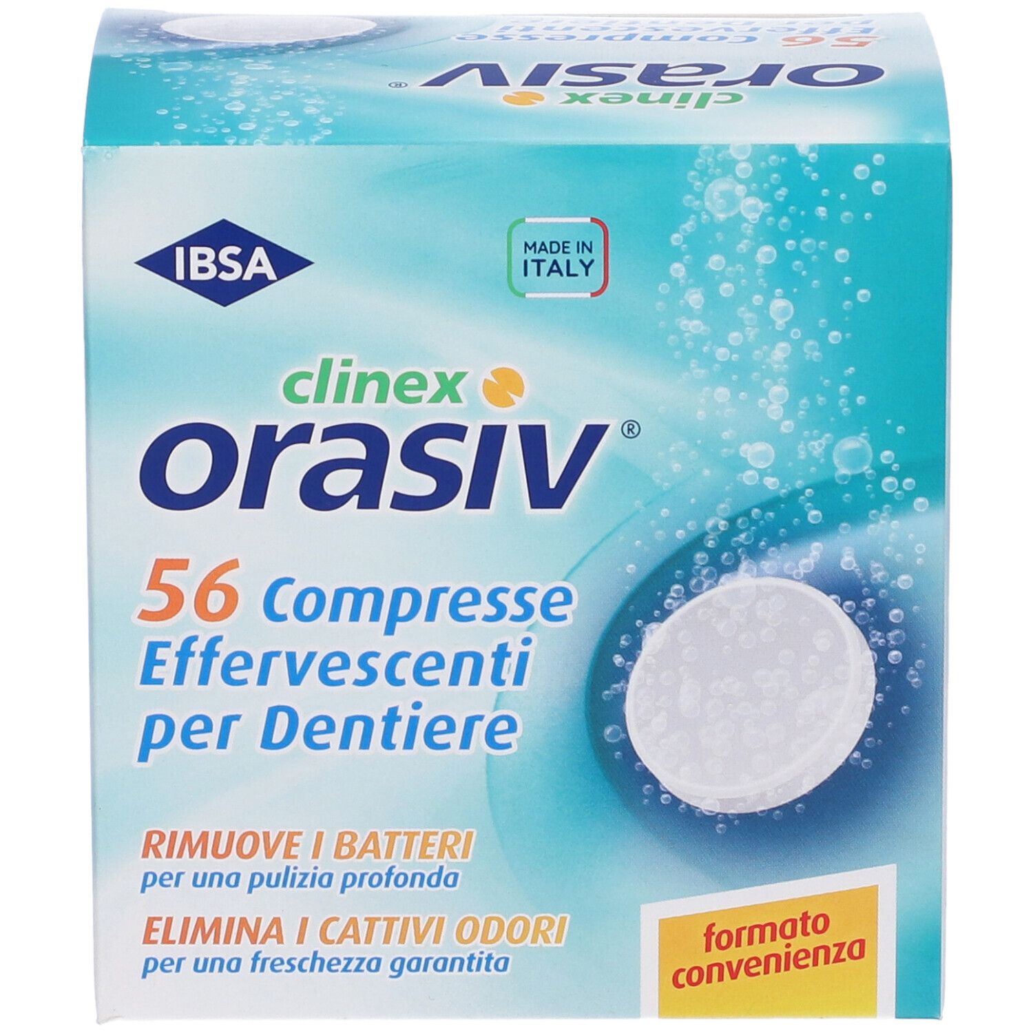 Scatola ORASIV® clinex® compresse effervescenti. 56 compresse. Design turchese e bianco. Logo IBSA. Made in Italy.