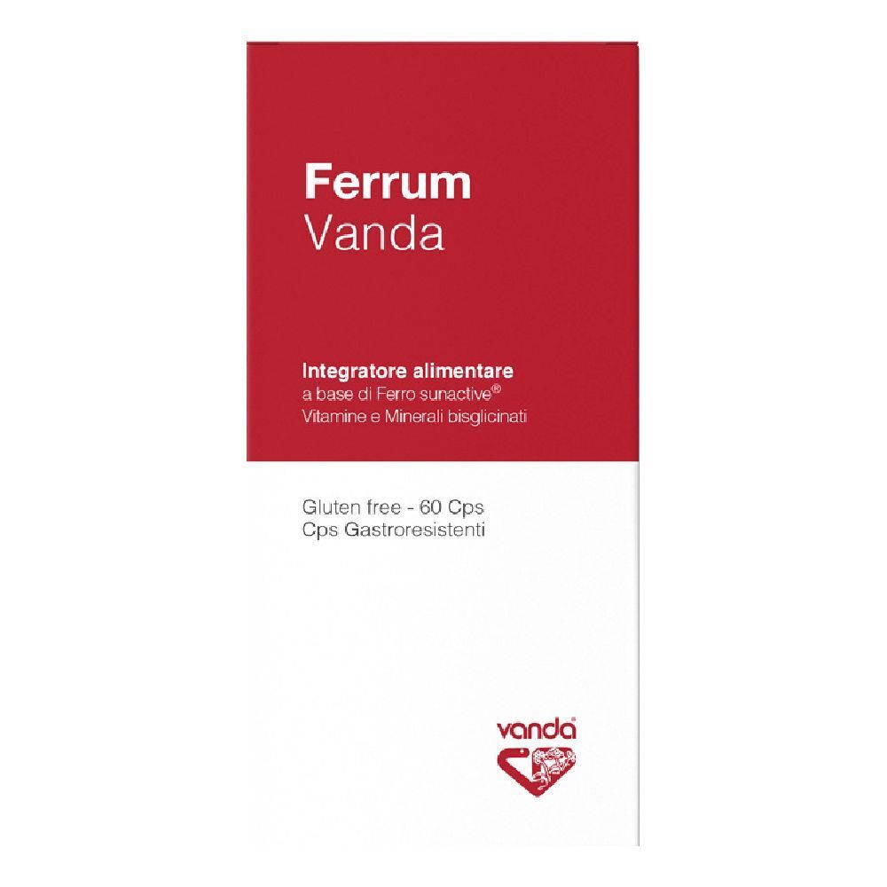 Confezione rossa e bianca con Ferrum Vanda. Contiene 60 capsule, senza glutine.