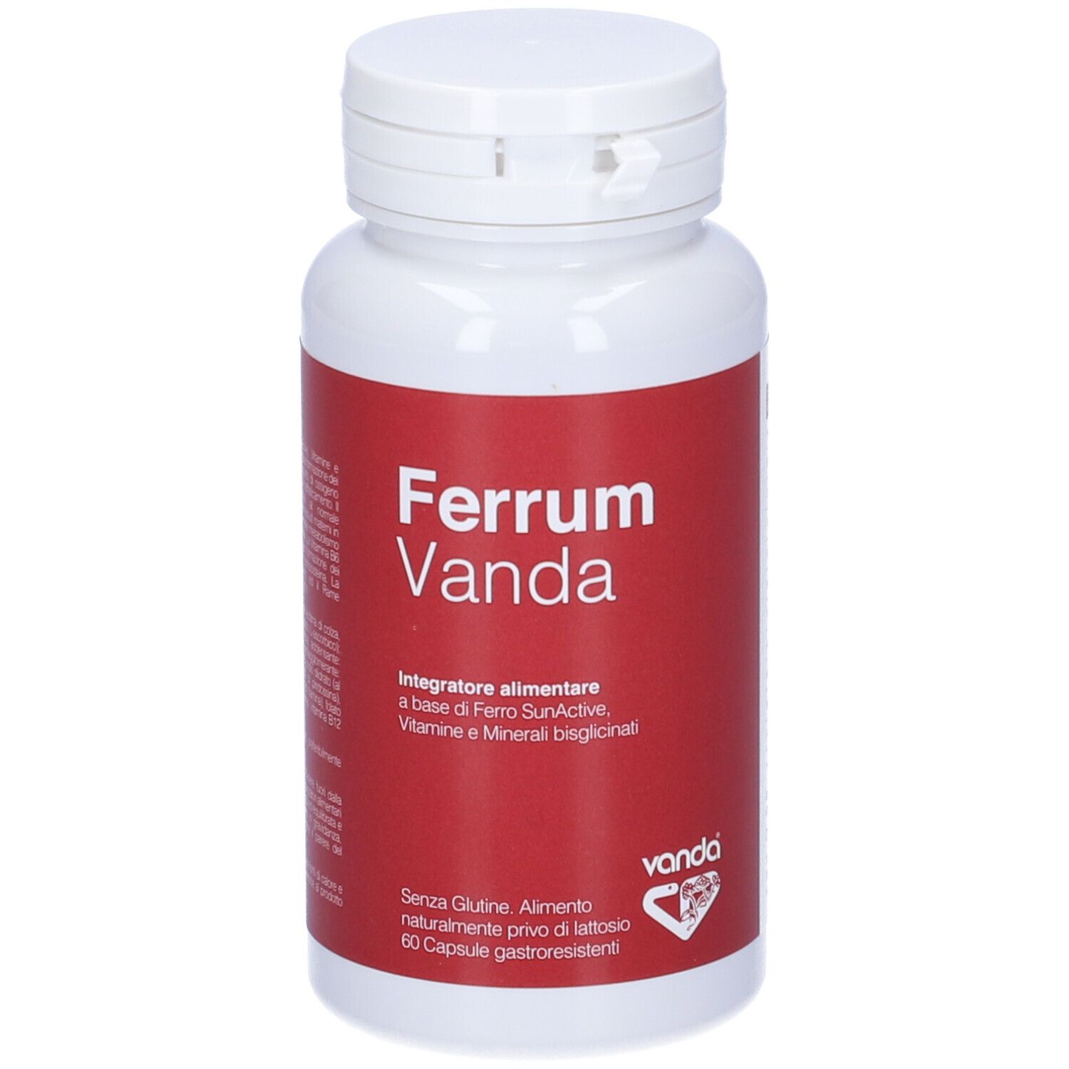 Flacone bianco con etichetta rossa. Nome prodotto Ferrum Vanda. 60 capsule, senza glutine.