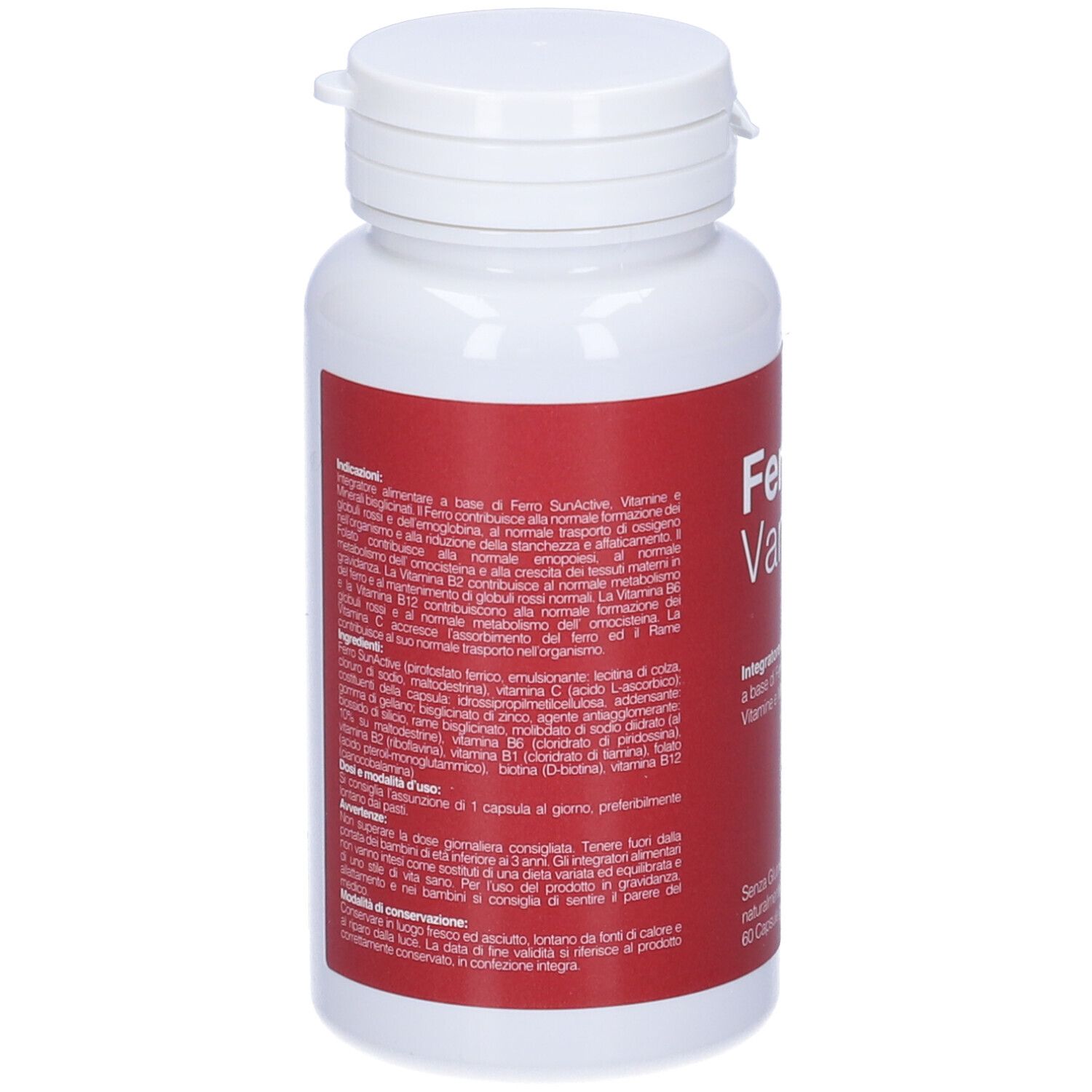 Flacone bianco con etichetta rossa. Nome prodotto Ferrum Vanda. Retro con informazioni.
