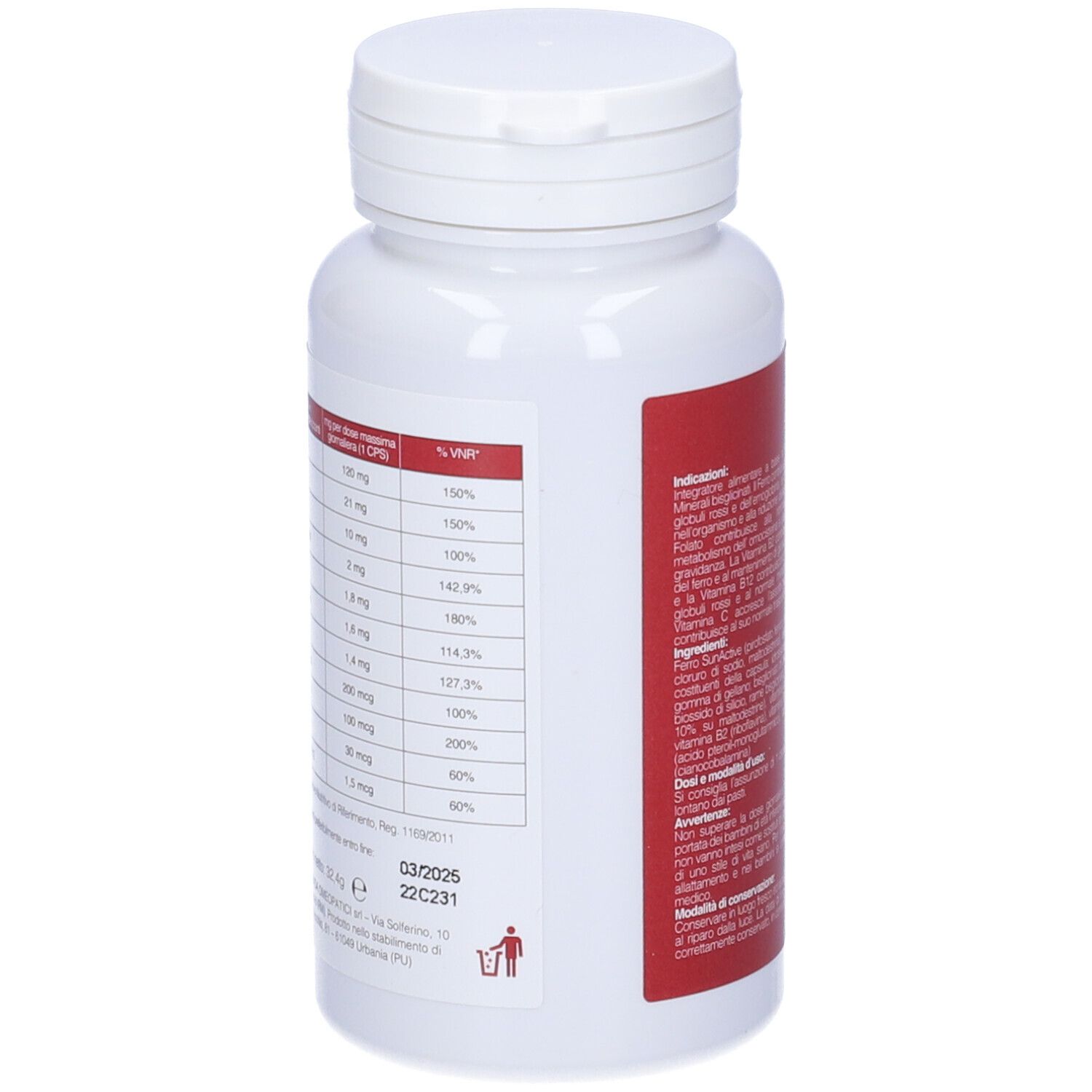 Flacone bianco con etichetta rossa. Nome Ferrum Vanda. Retro con informazioni nutrizionali.