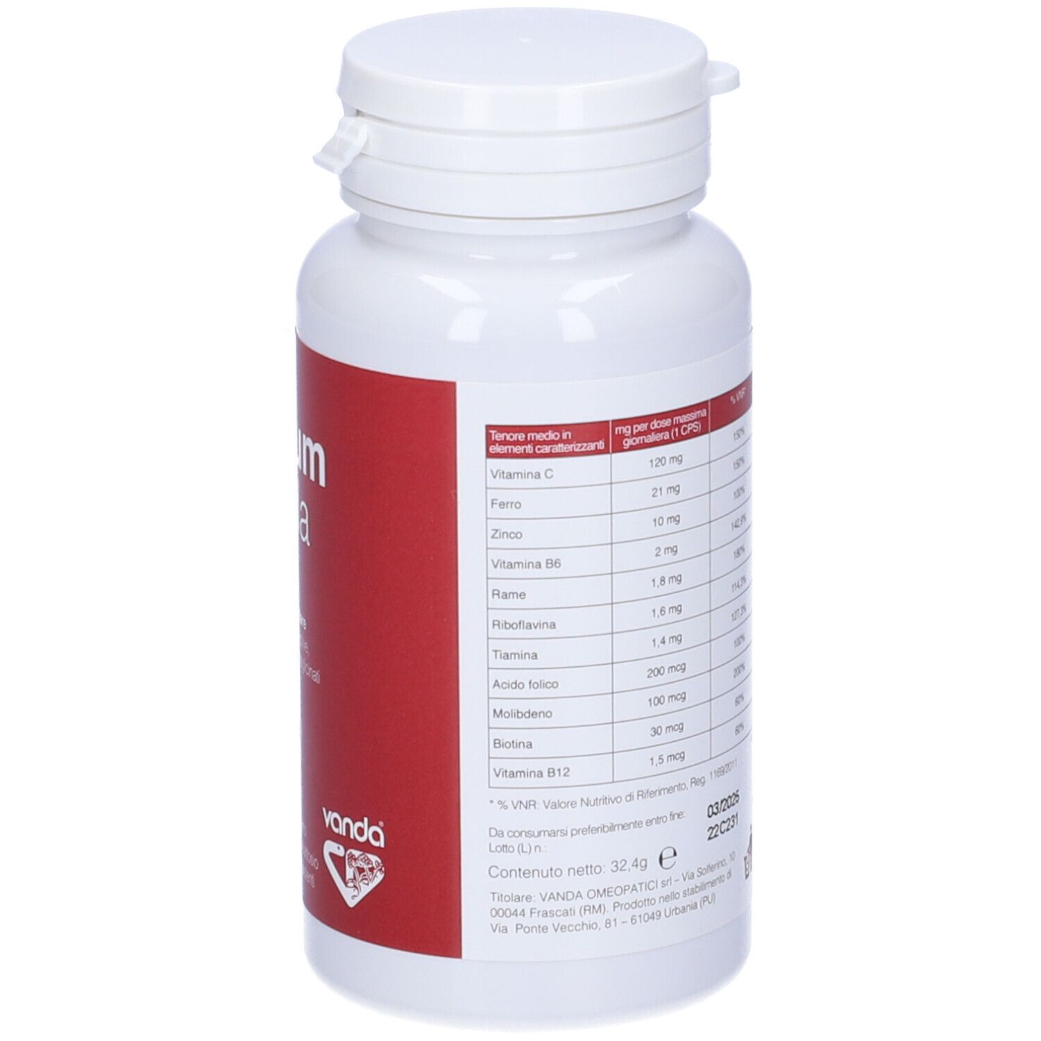 Flacone bianco con etichetta rossa. Nome Ferrum Vanda. Retro con informazioni nutrizionali.