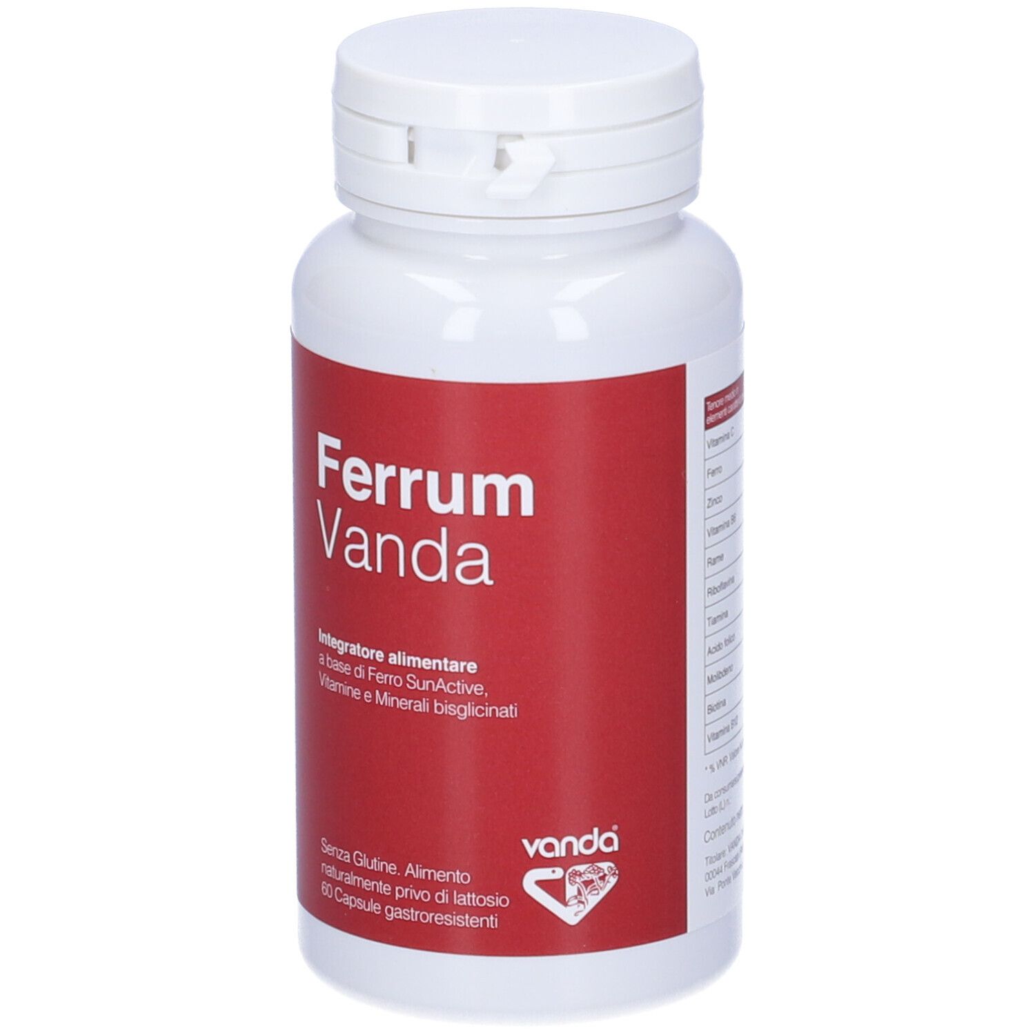 Flacone bianco con etichetta rossa. Nome Ferrum Vanda. 60 capsule, senza glutine.