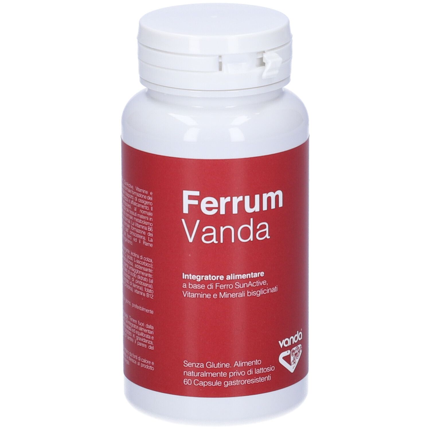 Flacone bianco con etichetta rossa. Nome Ferrum Vanda. 60 capsule, senza glutine.