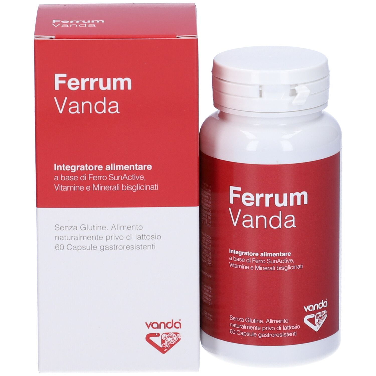 Prodotto Ferrum Vanda, flacone e scatola. Confezione rossa e bianca. 60 capsule.