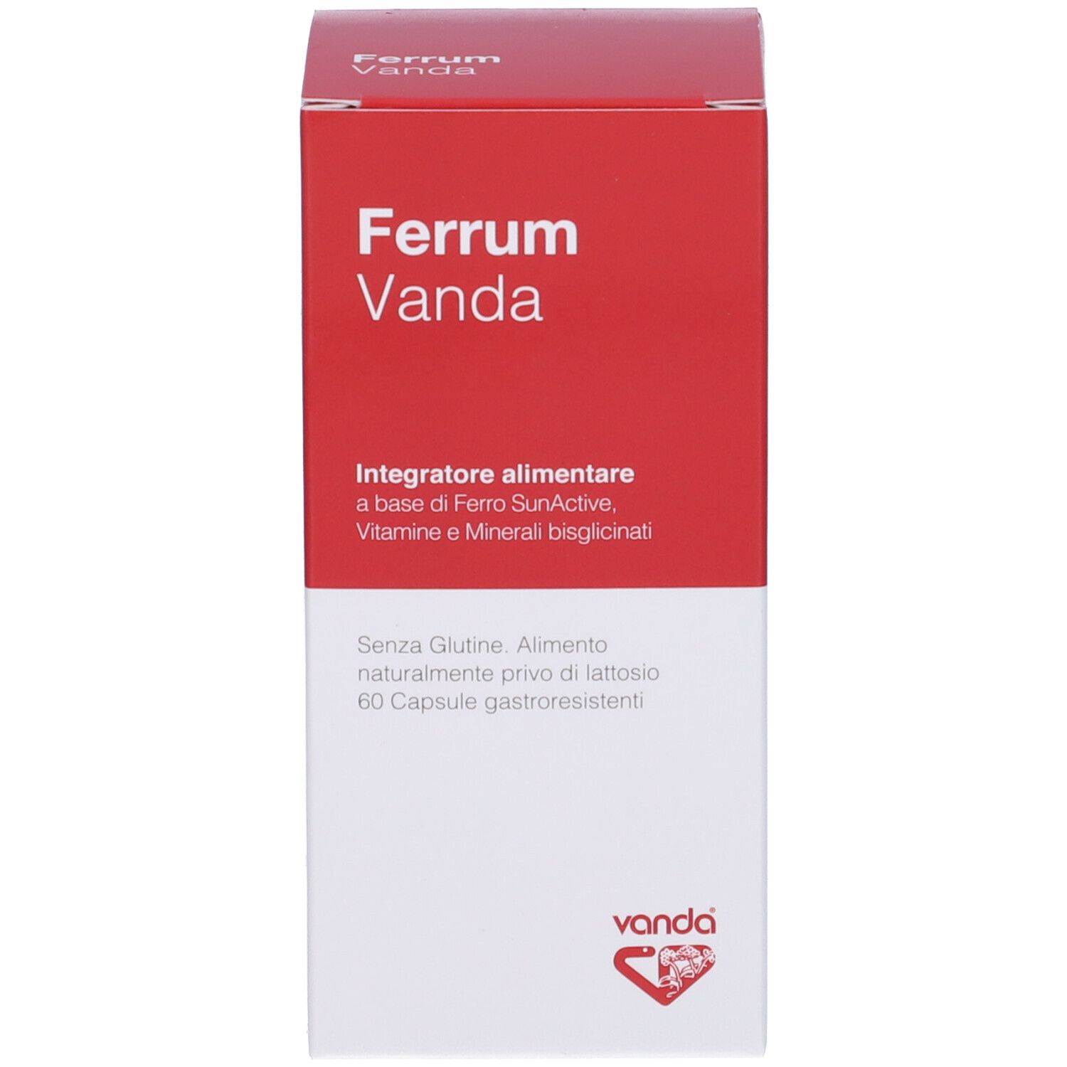 Scatola rossa e bianca con Ferrum Vanda. 60 capsule, senza glutine.