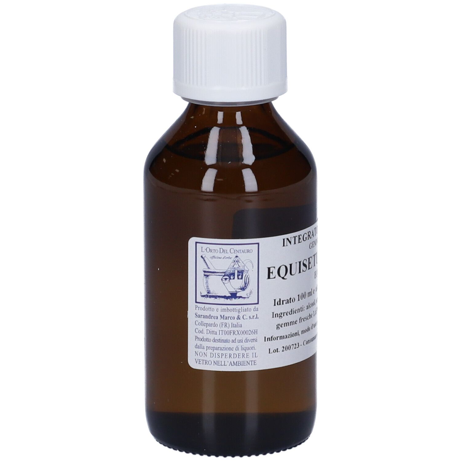 Flacone di vetro marrone con tappo bianco ed etichetta. L'etichetta riporta 'EQUISETUM ARVENSE'.