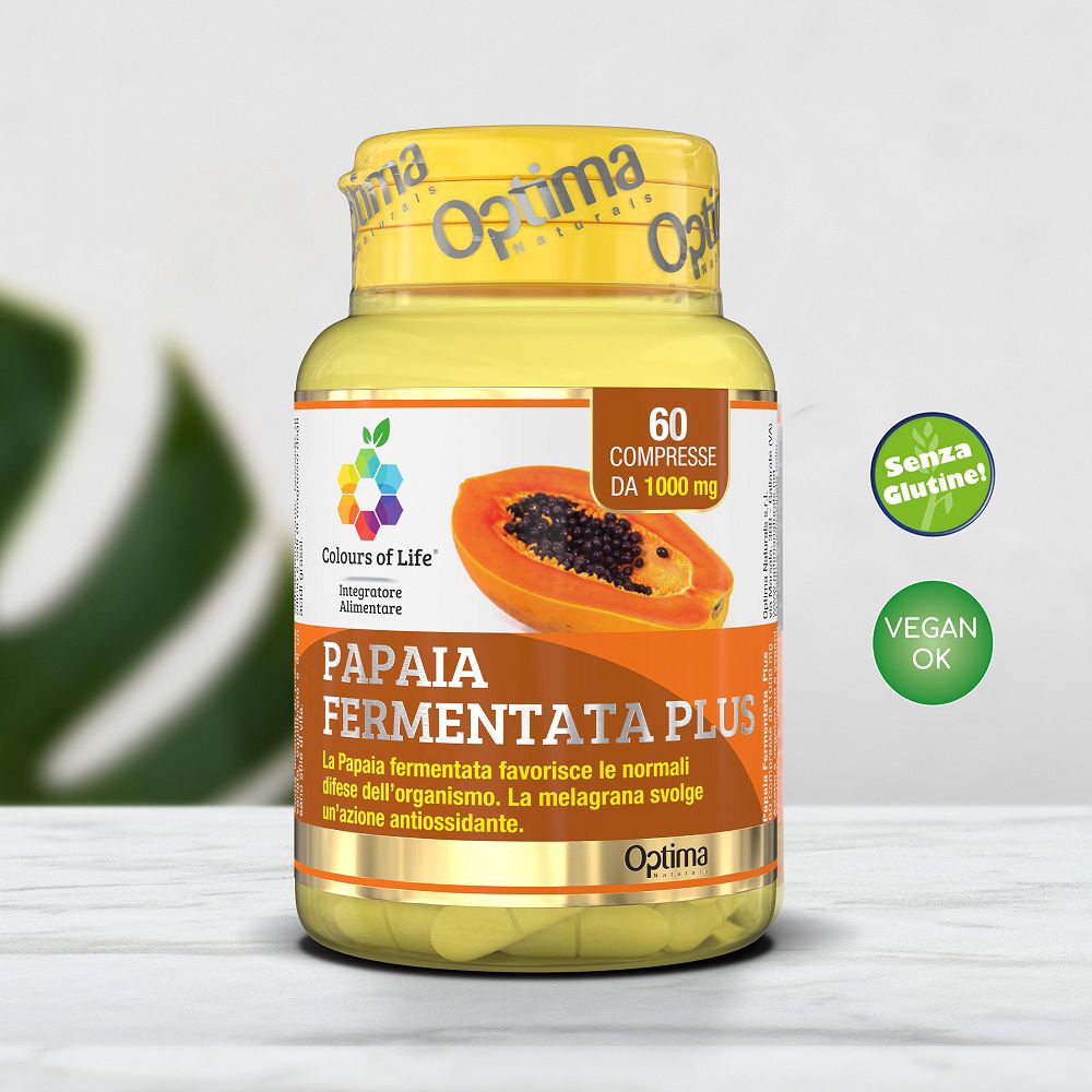Flasche mit 60 fermentierten Papaya-Tabletten, 1000 mg. Rückseite mit Produktinformationen.
