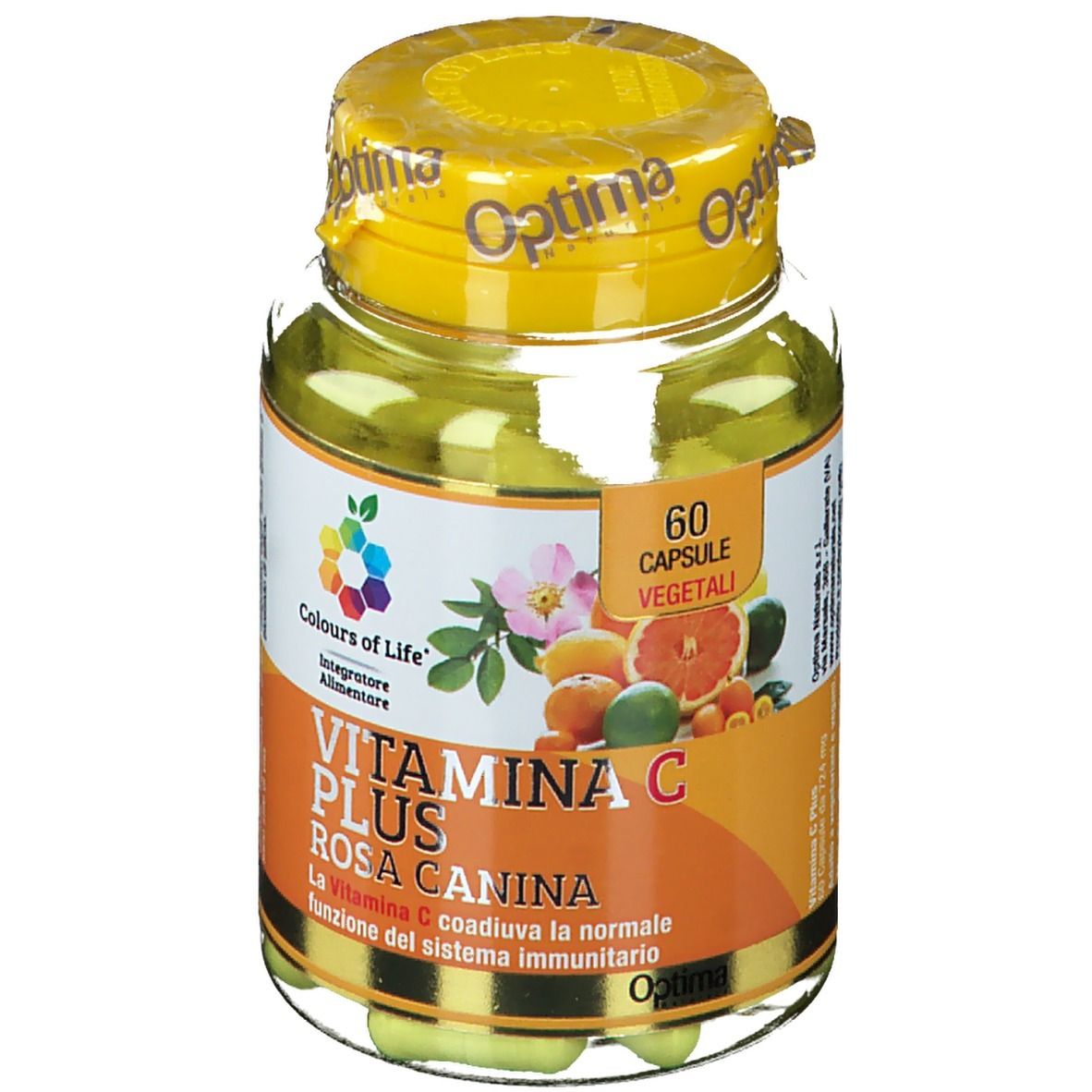 Kapsel-Glasflasche mit gelbem Deckel. Aufschrift: Colours of Life, Vitamina C Plus Rosa Canina, 60 vegetarische Kapseln.