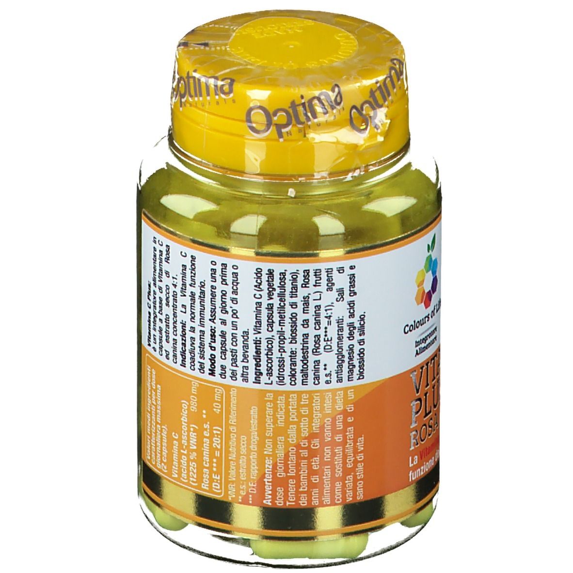 Kapsel-Glasflasche mit gelbem Deckel. Aufschrift: Colours of Life, Vitamina C Plus Rosa Canina, 60 vegetarische Kapseln. Rückseite mit Inhaltsstoffen.