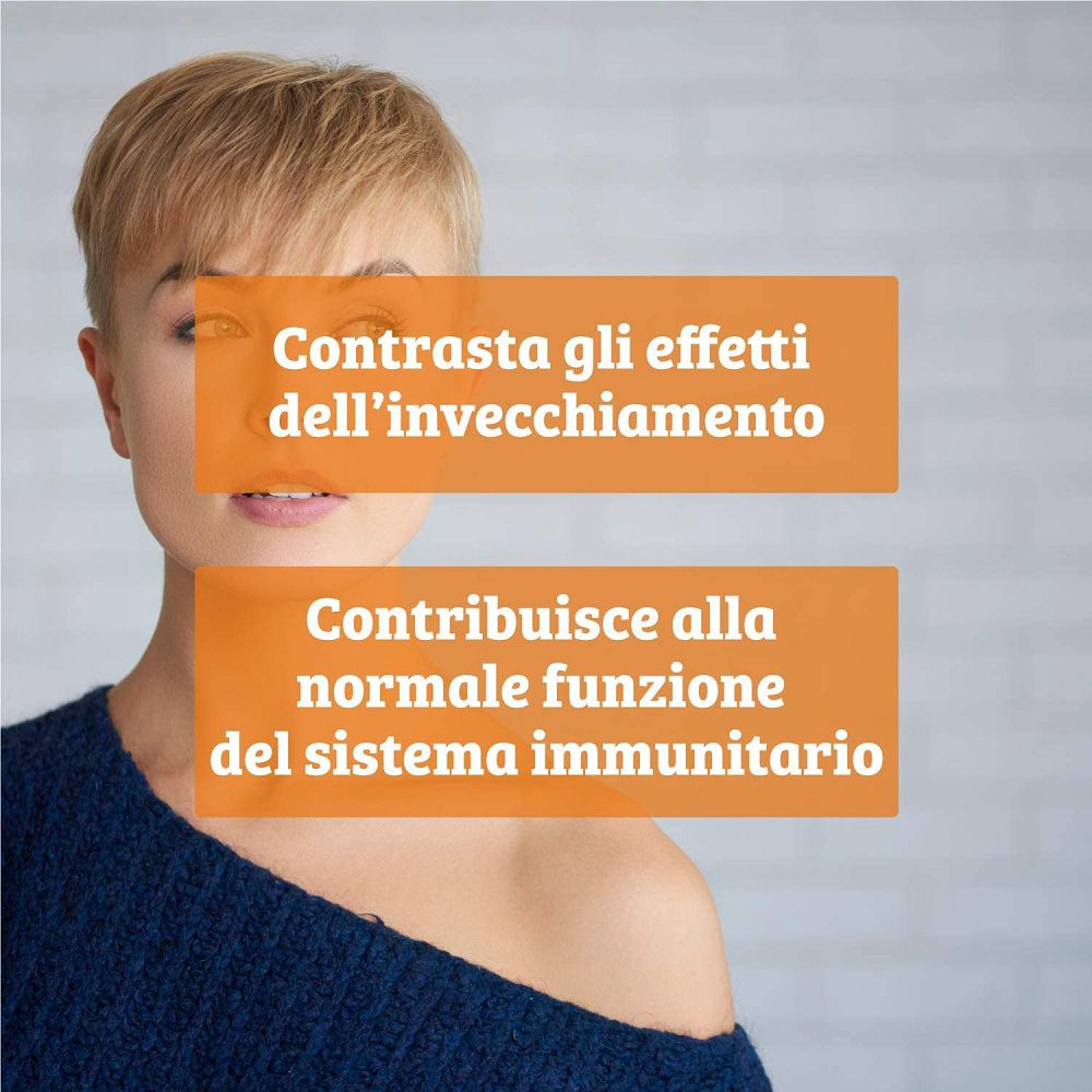 Frau mit Textblasen über Anti-Aging und Immunsystem.