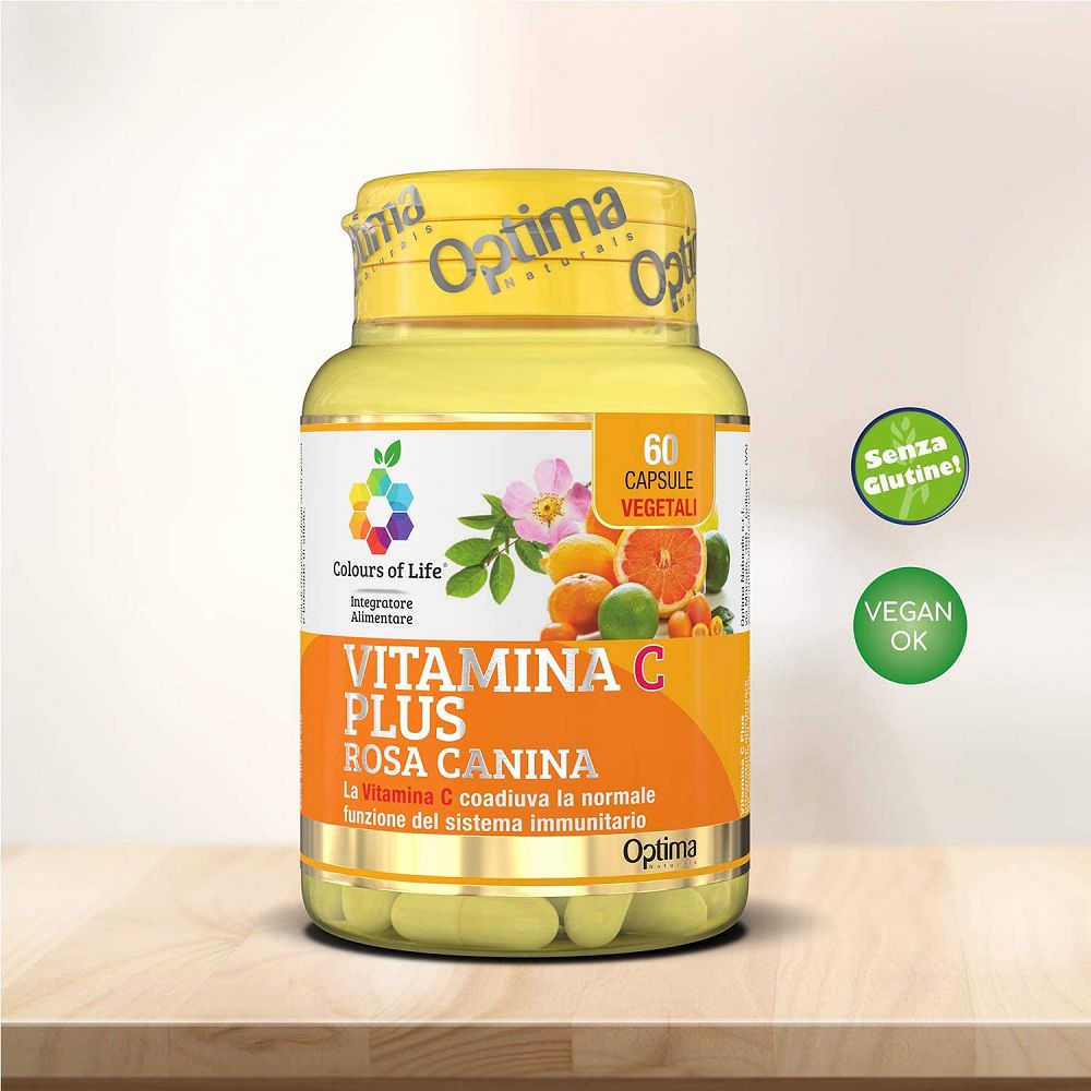 Flasche Vitamin C Plus Rosa Canina, glutenfrei und vegan.