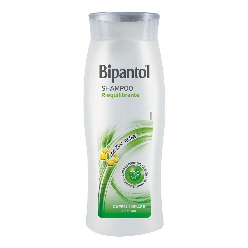 Flacone di shampoo con etichetta bianca. Scritta: Bipantol Shampoo, Riequilibrante, con Zinc-Active, Capelli Grassi.