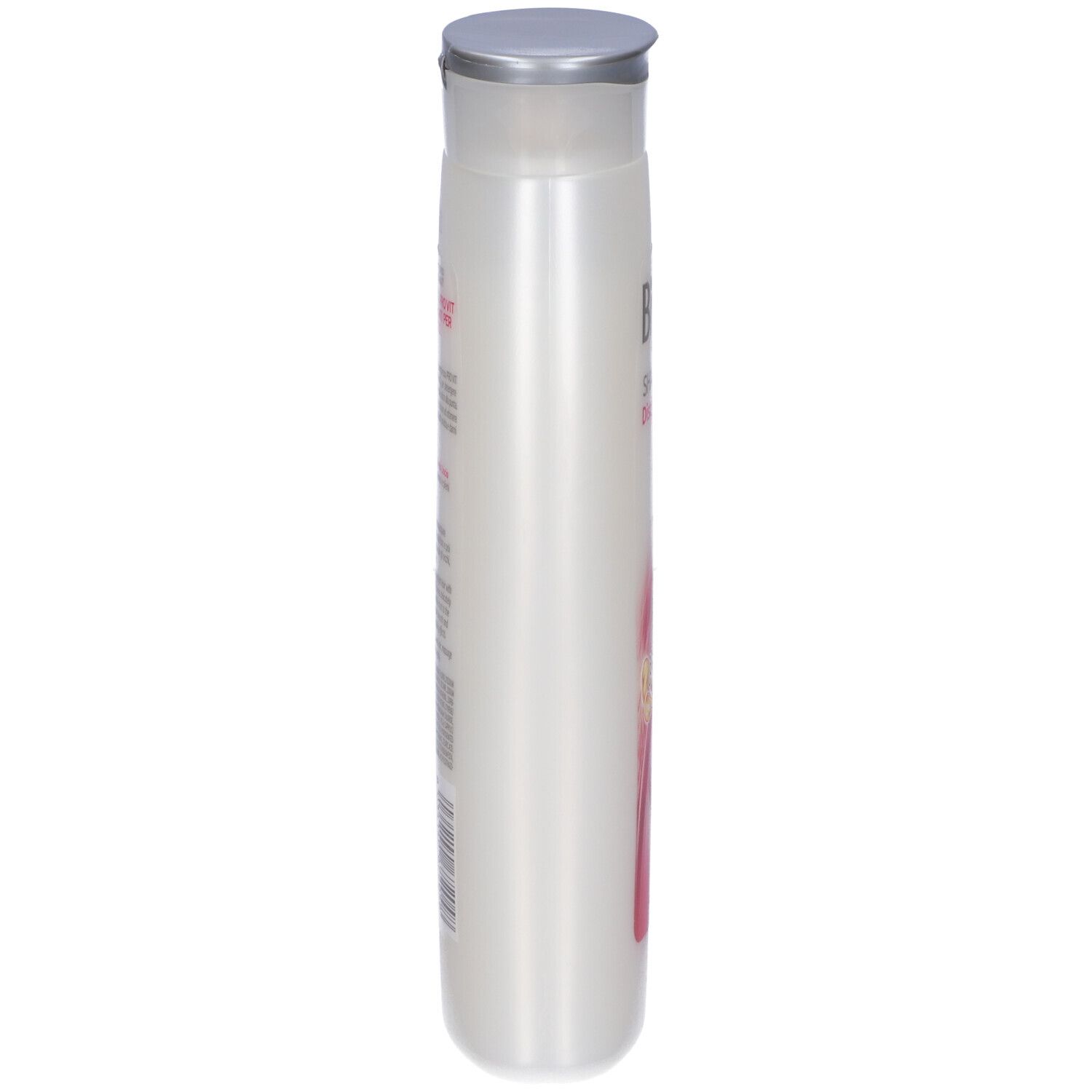 Flacone di shampoo bianco stretto con tappo argentato. Vista laterale. Etichette rosa e bianche.