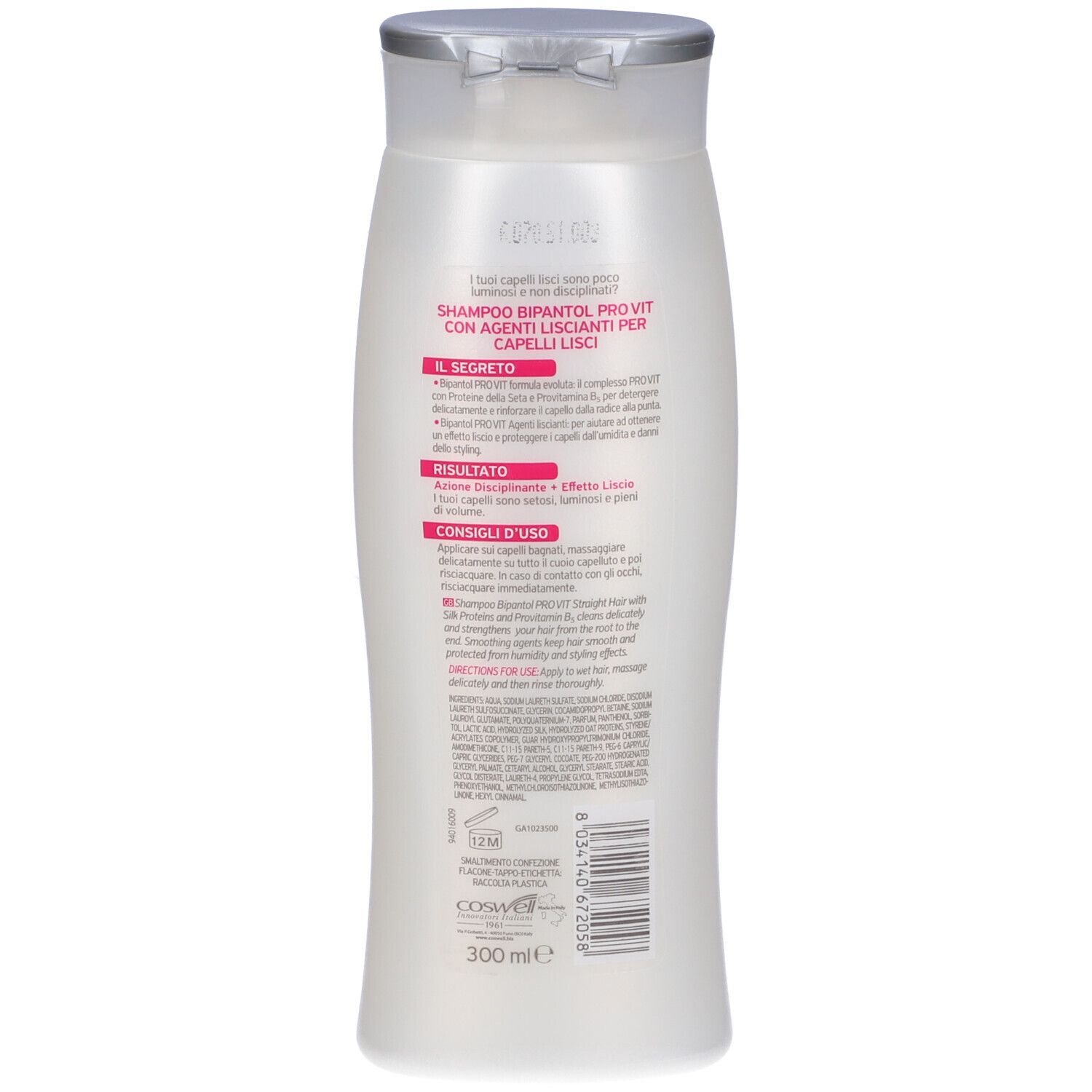 Retro di un flacone di shampoo bianco con tappo argentato. Testo in più lingue. 300 ml.