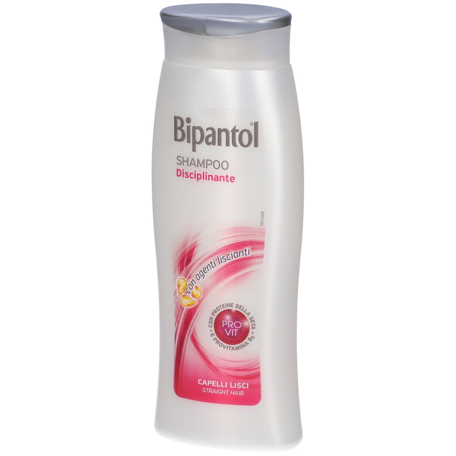 Flacone di shampoo bianco con tappo argentato. Scritta: Bipantol Shampoo Disciplinante. Design rosa.