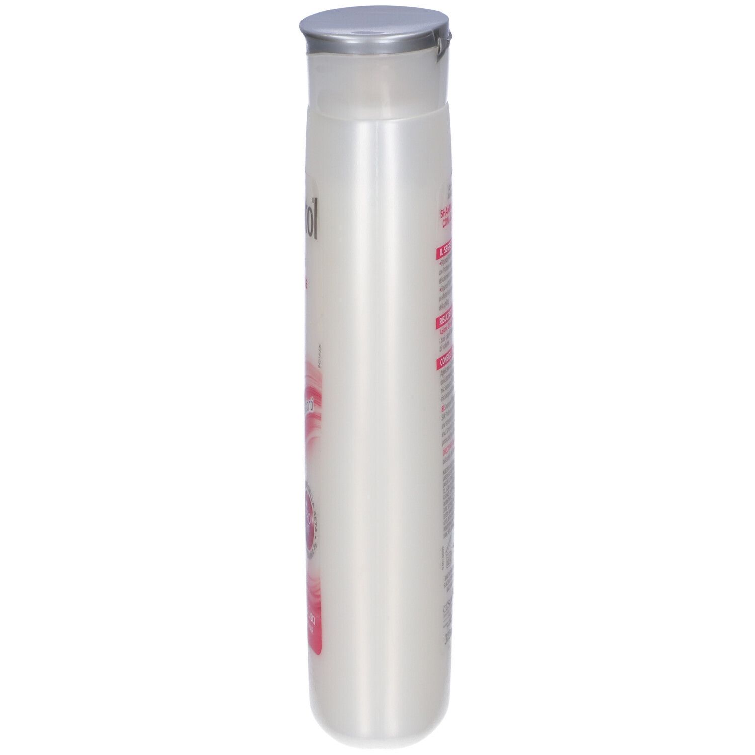 Flacone di shampoo bianco stretto con tappo argentato. Vista laterale. Etichette rosa e bianche.