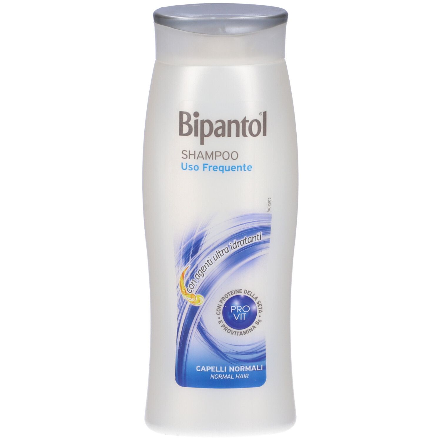 Flacone di shampoo bianco con tappo argentato. Scritta: Bipantol Shampoo, Uso Frequente, Capelli Normali.