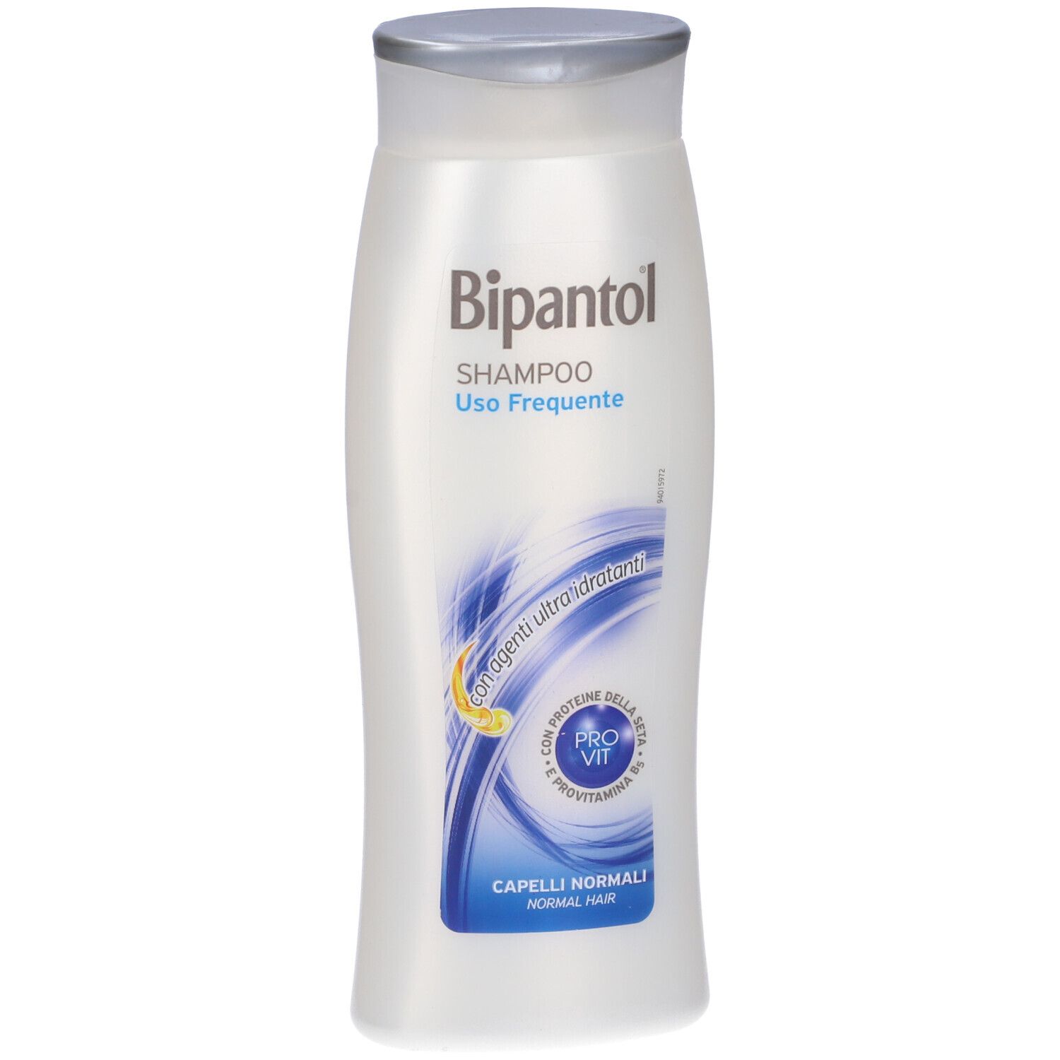 Flacone di shampoo bianco con tappo argentato. Scritta: Bipantol Shampoo, Uso Frequente, Capelli Normali.