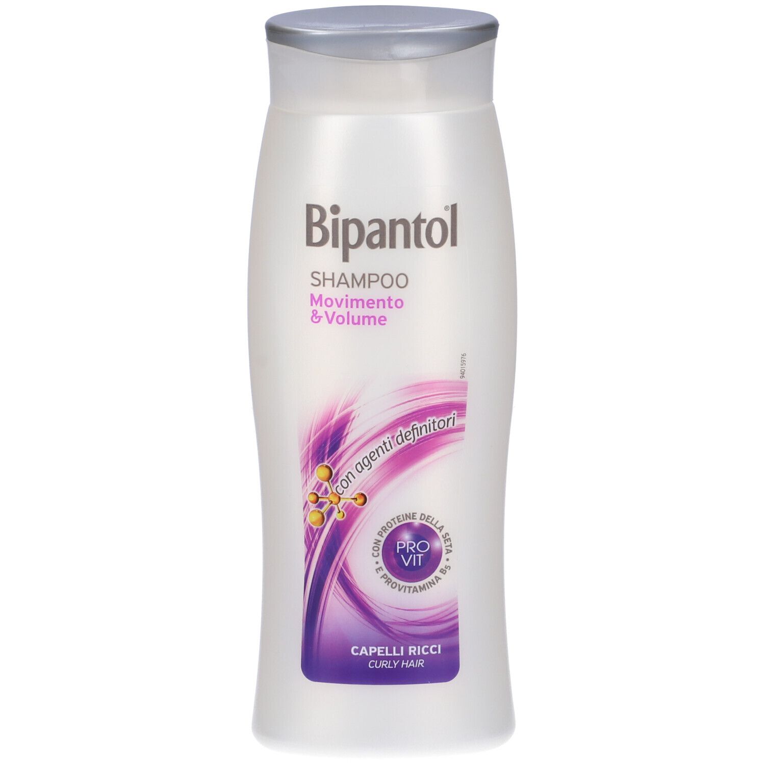 Flacone di shampoo bianco con tappo argentato. Scritta: Bipantol, Shampoo, Movimento & Volume, Capelli Ricci.