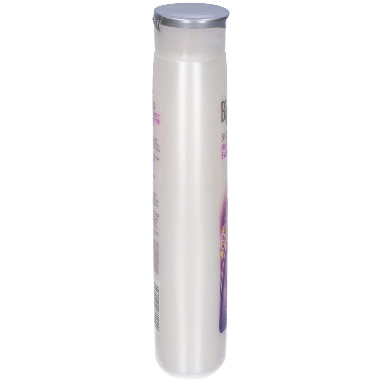Flacone di shampoo bianco stretto con tappo argentato. Vista laterale con testo ed etichetta.