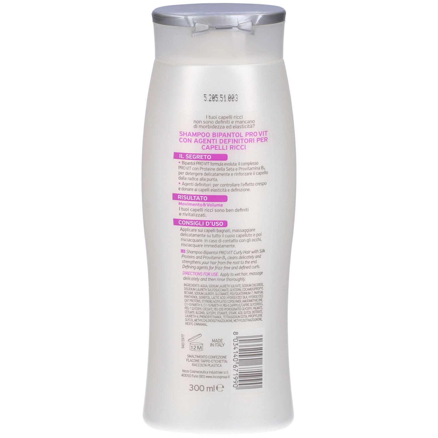 Retro di un flacone di shampoo bianco con tappo argentato. Testo in italiano e codice a barre.