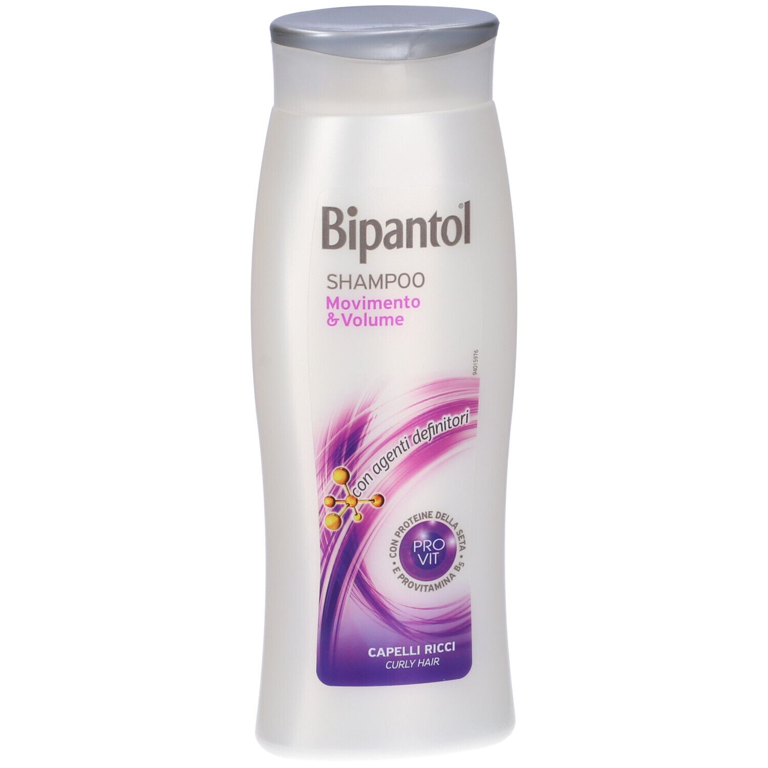 Flacone di shampoo bianco con tappo argentato. Scritta: Bipantol, Shampoo, Movimento & Volume, Capelli Ricci.