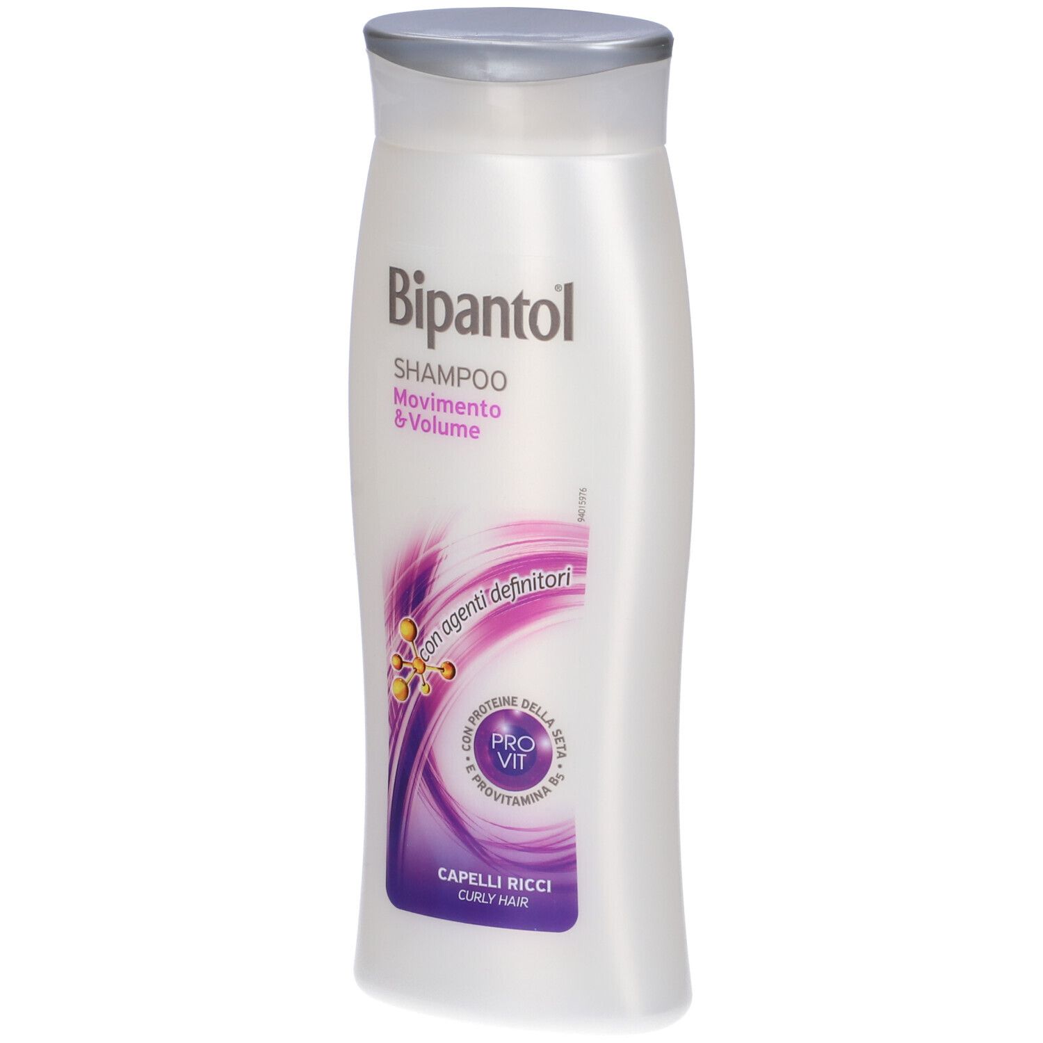 Flacone di shampoo bianco con tappo argentato. Scritta: Bipantol, Shampoo, Movimento & Volume, Capelli Ricci.