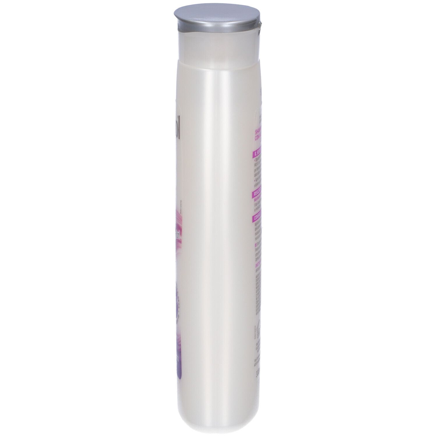 Flacone di shampoo bianco stretto con tappo argentato. Vista laterale con testo ed etichetta.