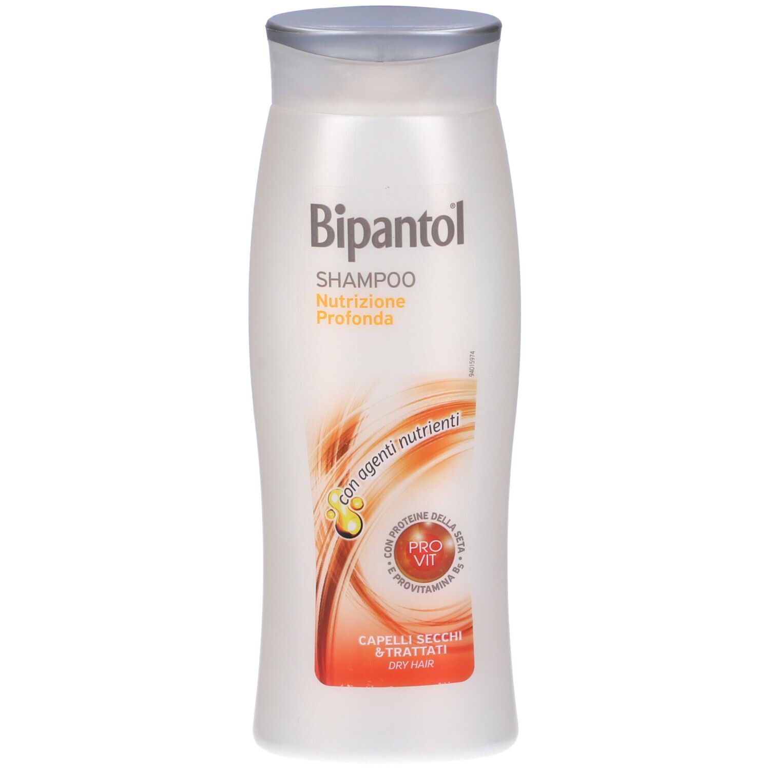 Flacone di shampoo bianco con tappo argentato. Scritta: Bipantol Shampoo, Nutrizione Profonda. Per capelli secchi.