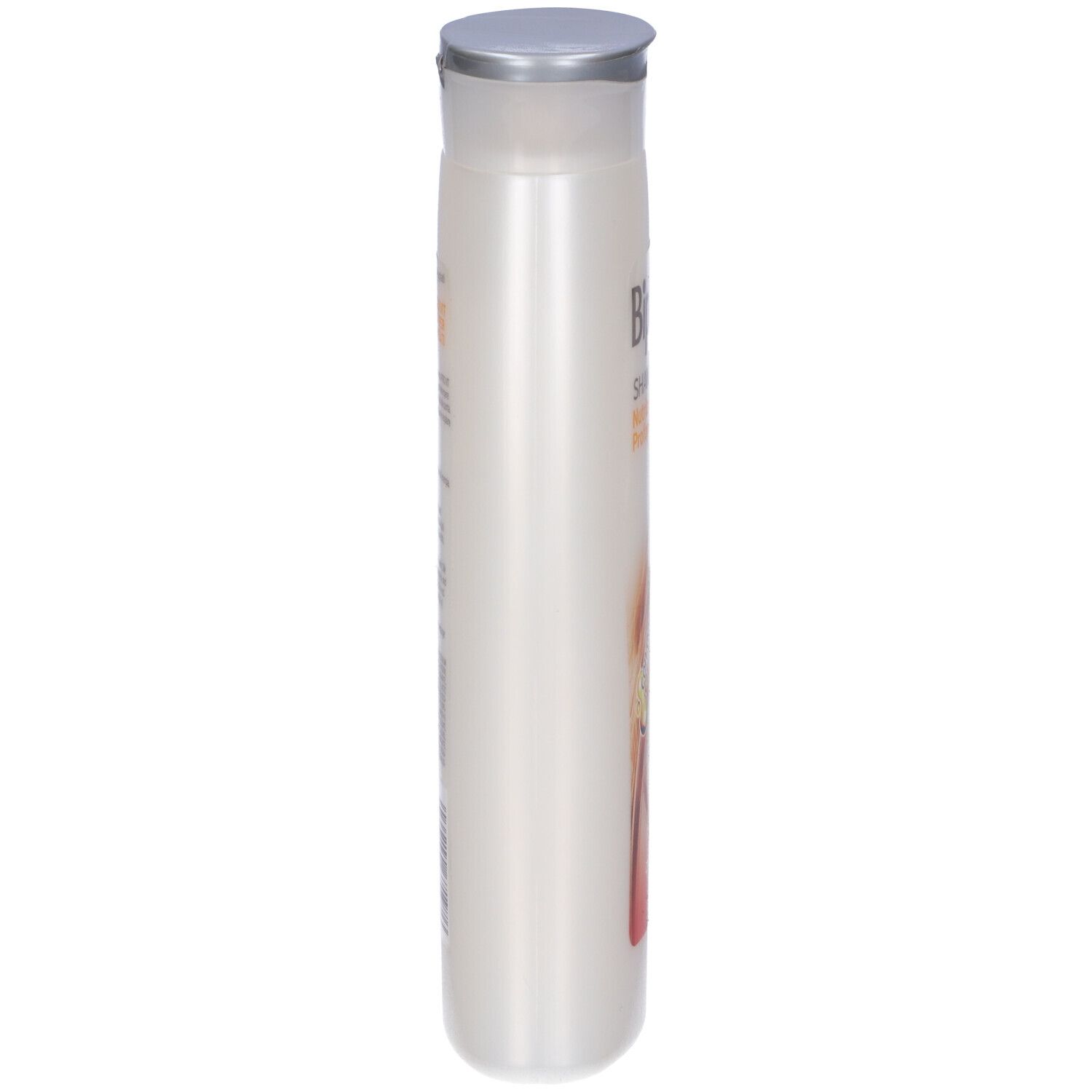 Flacone di shampoo bianco stretto con tappo argentato. Vista laterale. Scritta parzialmente visibile.