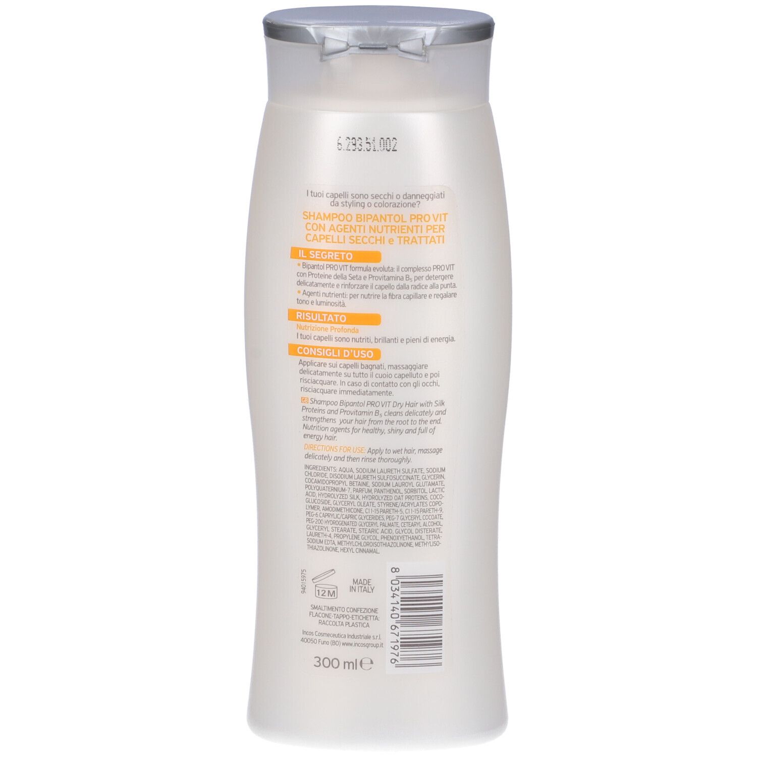Retro di un flacone di shampoo bianco con tappo argentato. Testo multilingue. Volume: 300 ml.