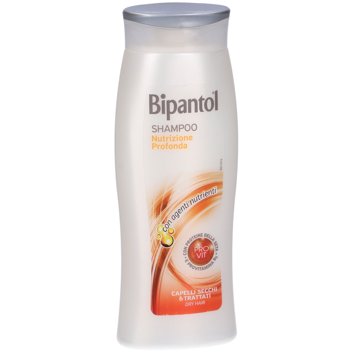 Flacone di shampoo bianco con tappo argentato. Scritta: Bipantol Shampoo, Nutrizione Profonda. Per capelli secchi.