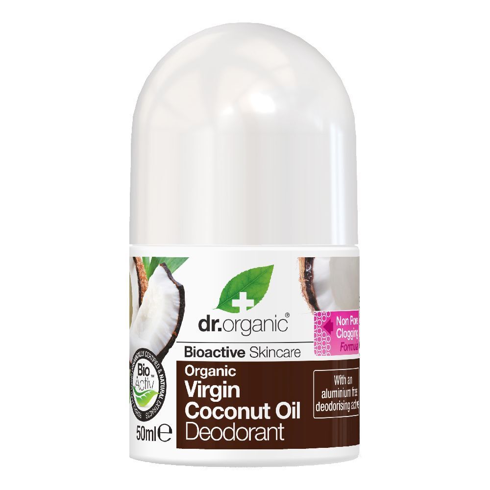 Weißer Roll-on-Deo-Behälter. Aufschrift: Virgin Coconut Oil Deodorant. Bio-Aktiv-Logo.