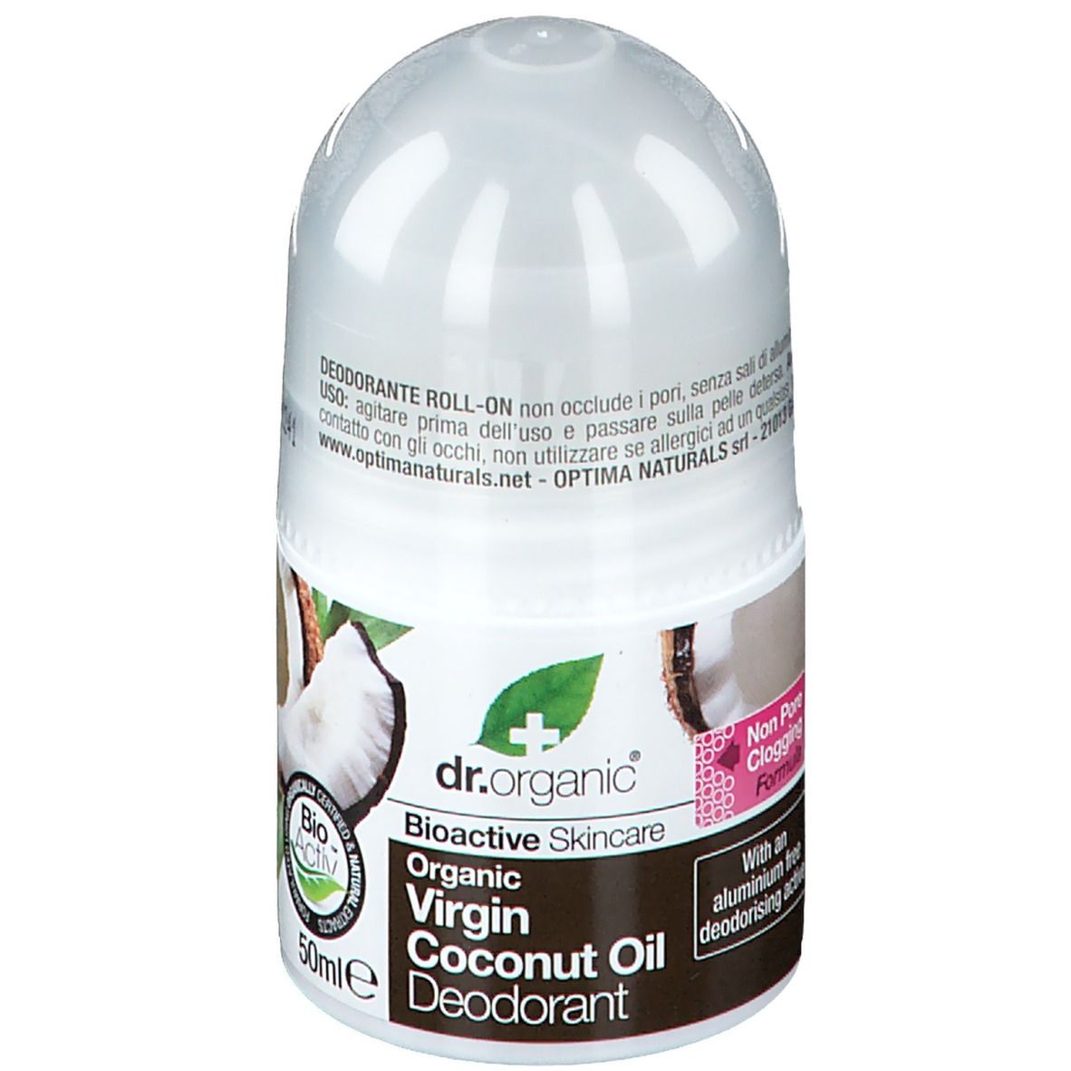 Weißer Roll-on-Deo-Behälter. Aufschrift: Virgin Coconut Oil Deodorant. Bio-Aktiv-Logo.