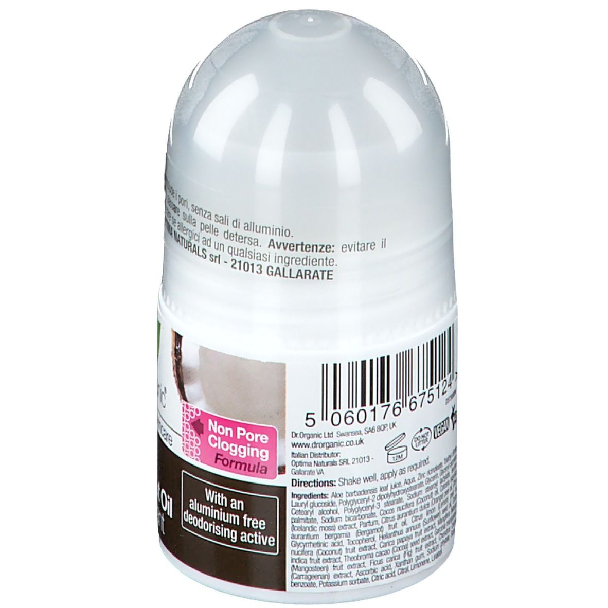 Weißer Roll-on-Deo-Behälter. Rückseite mit Barcode und Inhaltsstoffen. Text: Non Pore Clogging Formula.