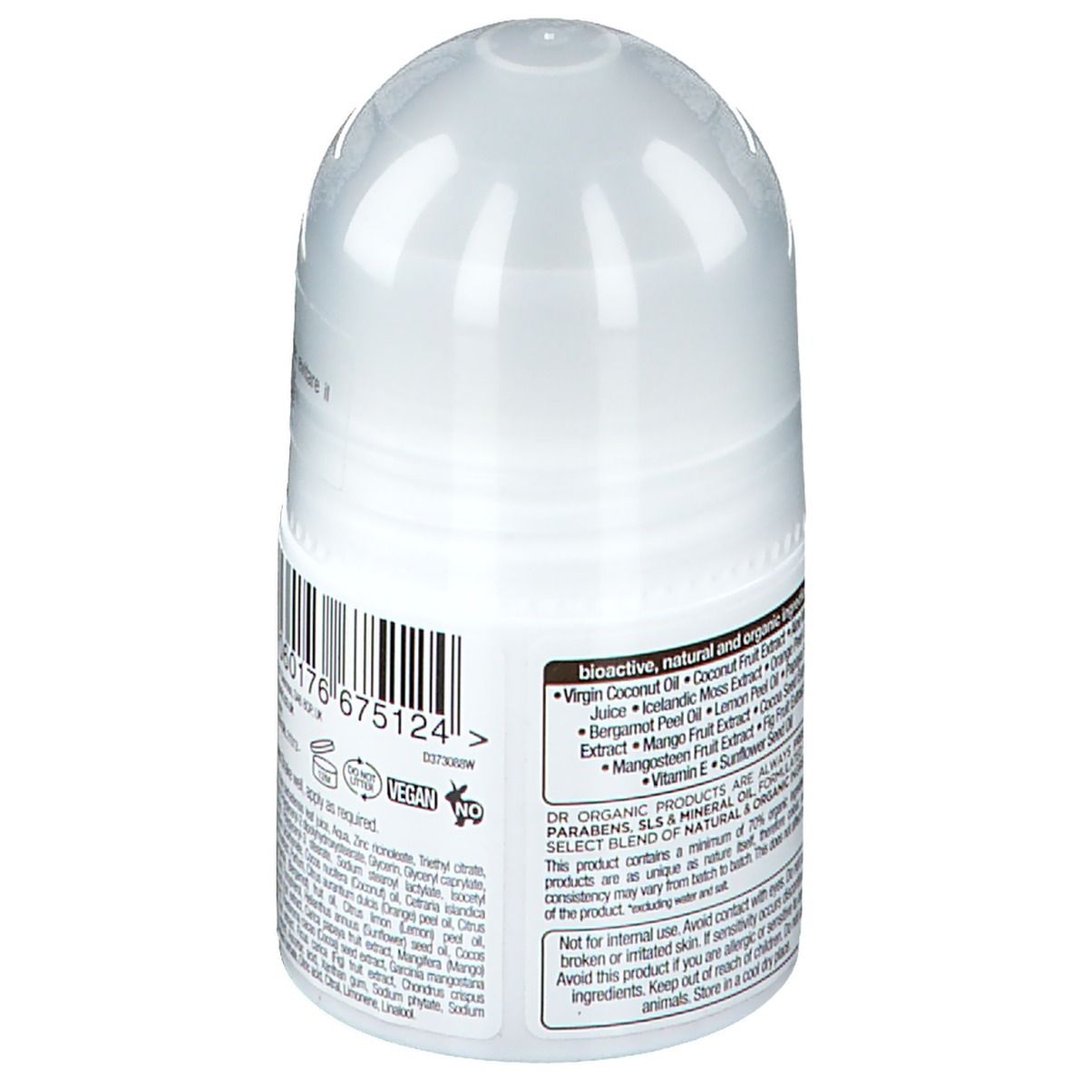 Weißer Roll-on-Deo-Behälter. Rückseite mit Inhaltsstoffen und Logos. Text: Virgin Coconut Oil.