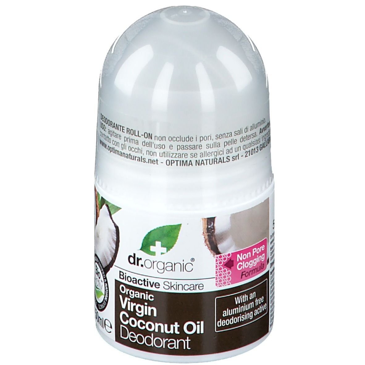 Weißer Roll-on-Deo-Behälter. Aufschrift: Virgin Coconut Oil Deodorant. Bio-Aktiv-Logo.