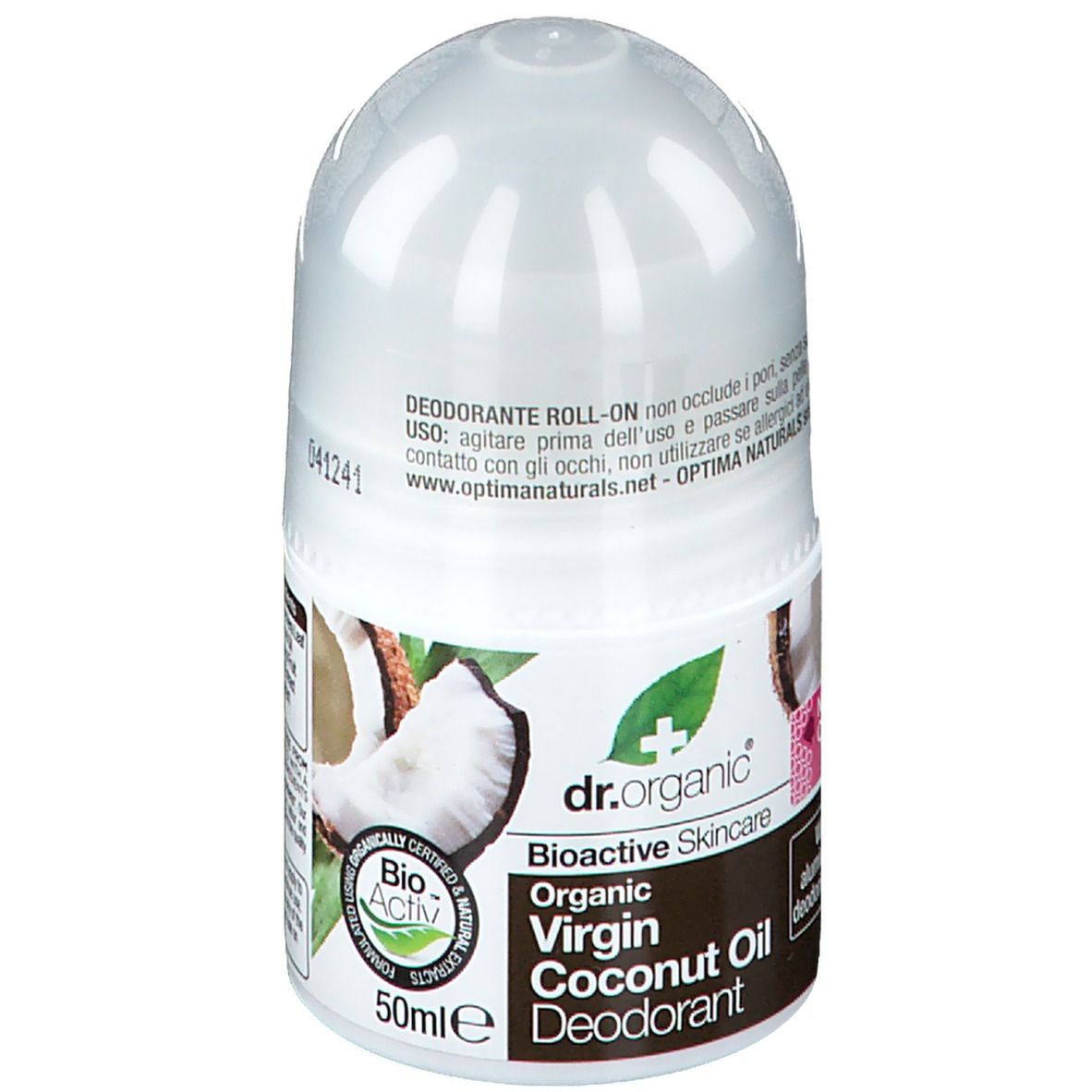 Weißer Roll-on-Deo-Behälter. Aufschrift: Virgin Coconut Oil Deodorant. Bio-Aktiv-Logo.