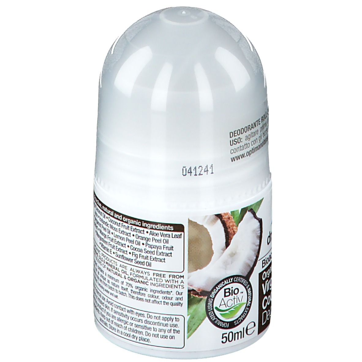 Weißer Roll-on-Deo-Behälter. Rückseite mit Inhaltsstoffen und Logos. Text: Virgin Coconut Oil.