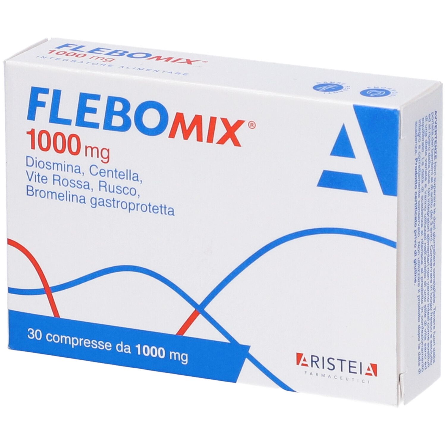 Scatola bianca con linee blu e rosse. Scritto: FLEBOMIX 1000 mg. Contiene 30 compresse.