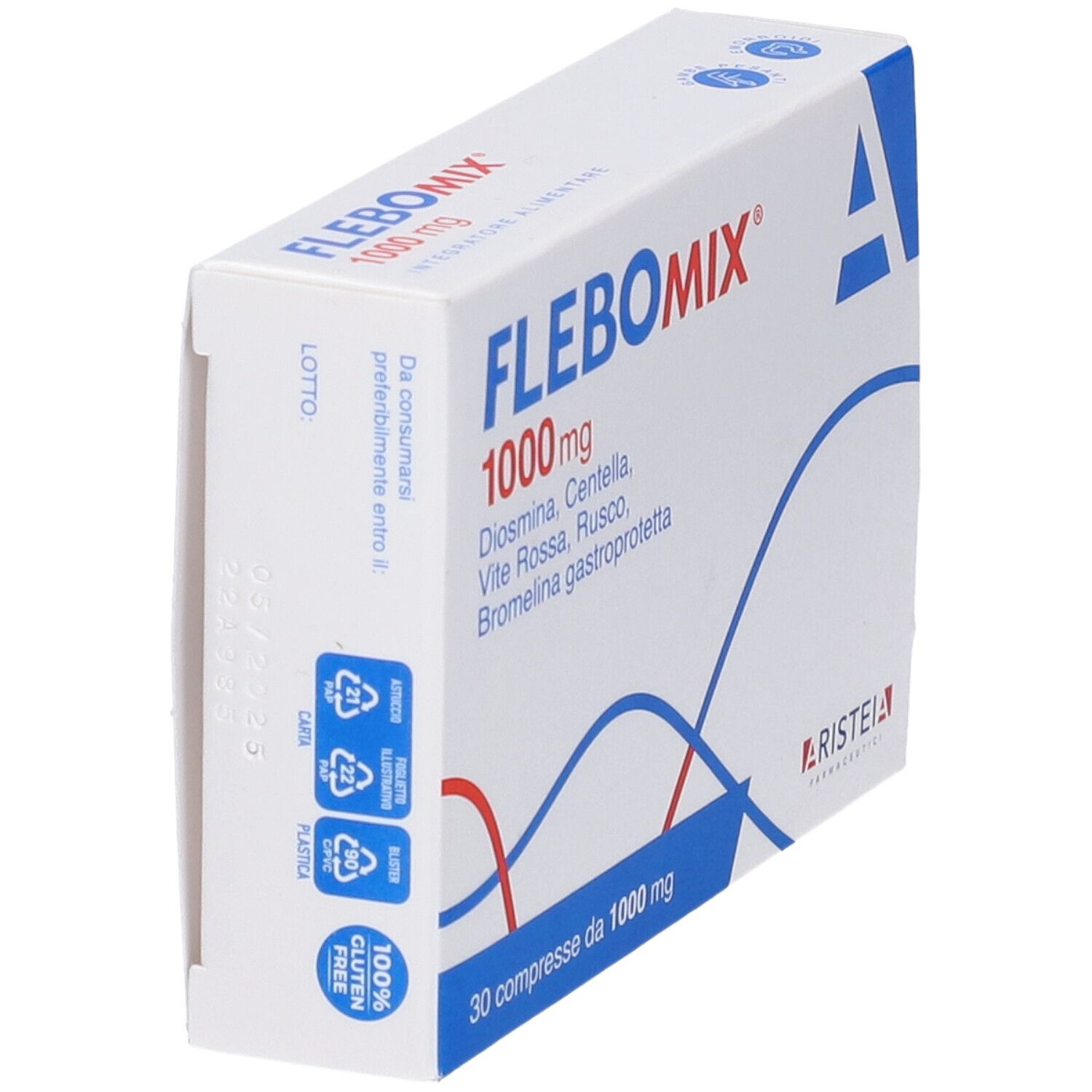 Scatola bianca con linee blu. Scritto: FLEBOMIX 1000 mg. Contiene 30 compresse. Vista obliqua.