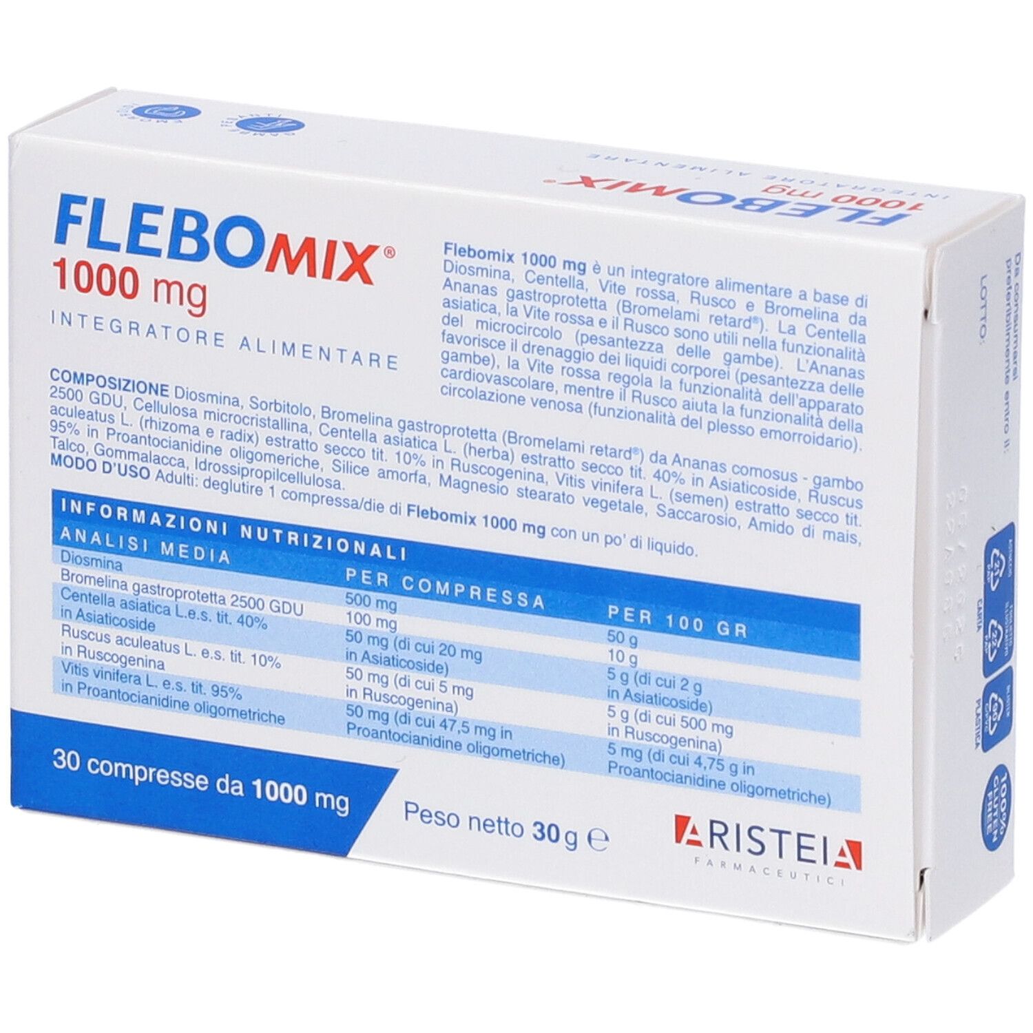 Scatola bianca con testo. Scritto: FLEBOMIX 1000 mg. Contiene 30 compresse. Vista dettagliata degli ingredienti.