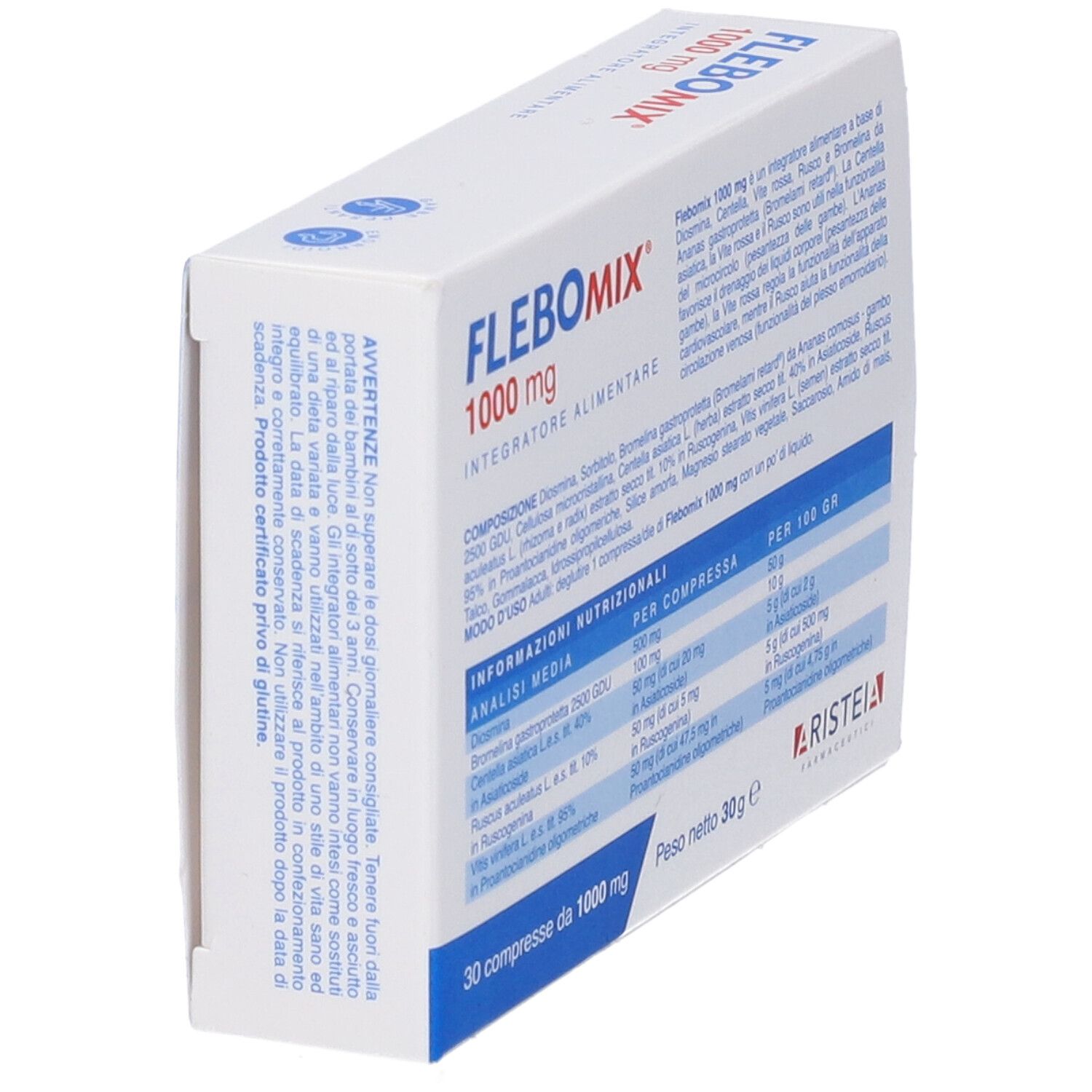Scatola bianca con testo. Scritto: FLEBOMIX 1000 mg. Contiene 30 compresse. Vista dettagliata degli ingredienti.