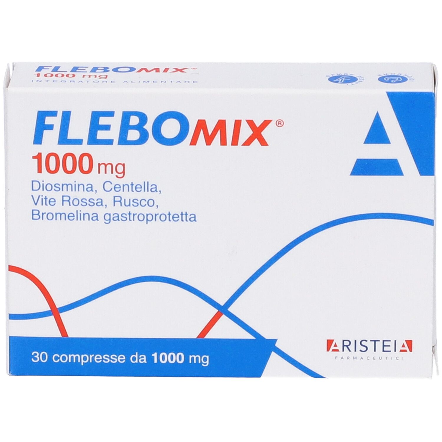 Scatola bianca con linee blu e rosse. Scritto: FLEBOMIX 1000 mg. Contiene 30 compresse.