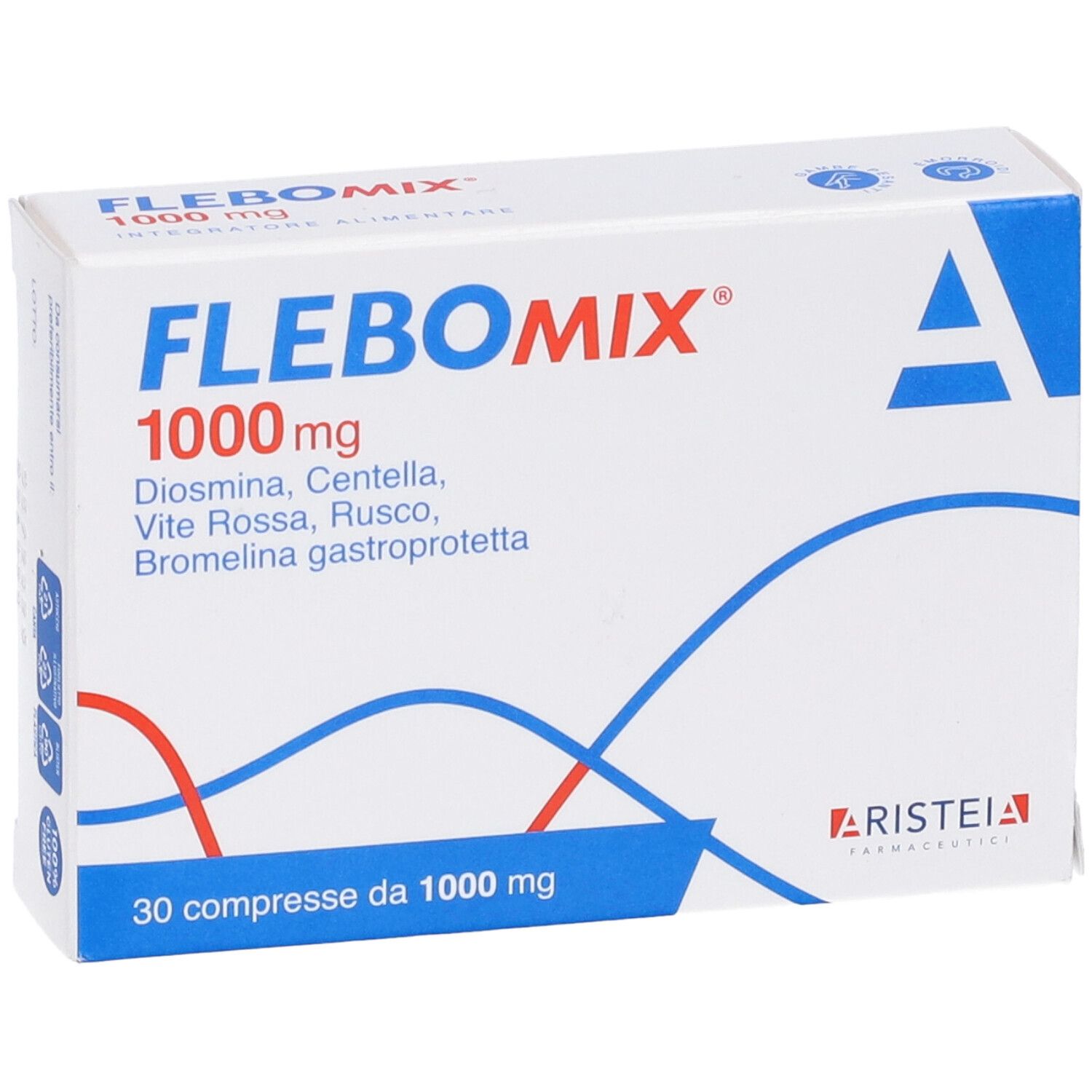 Scatola bianca con linee blu. Scritto: FLEBOMIX 1000 mg. Contiene 30 compresse. Vista obliqua.