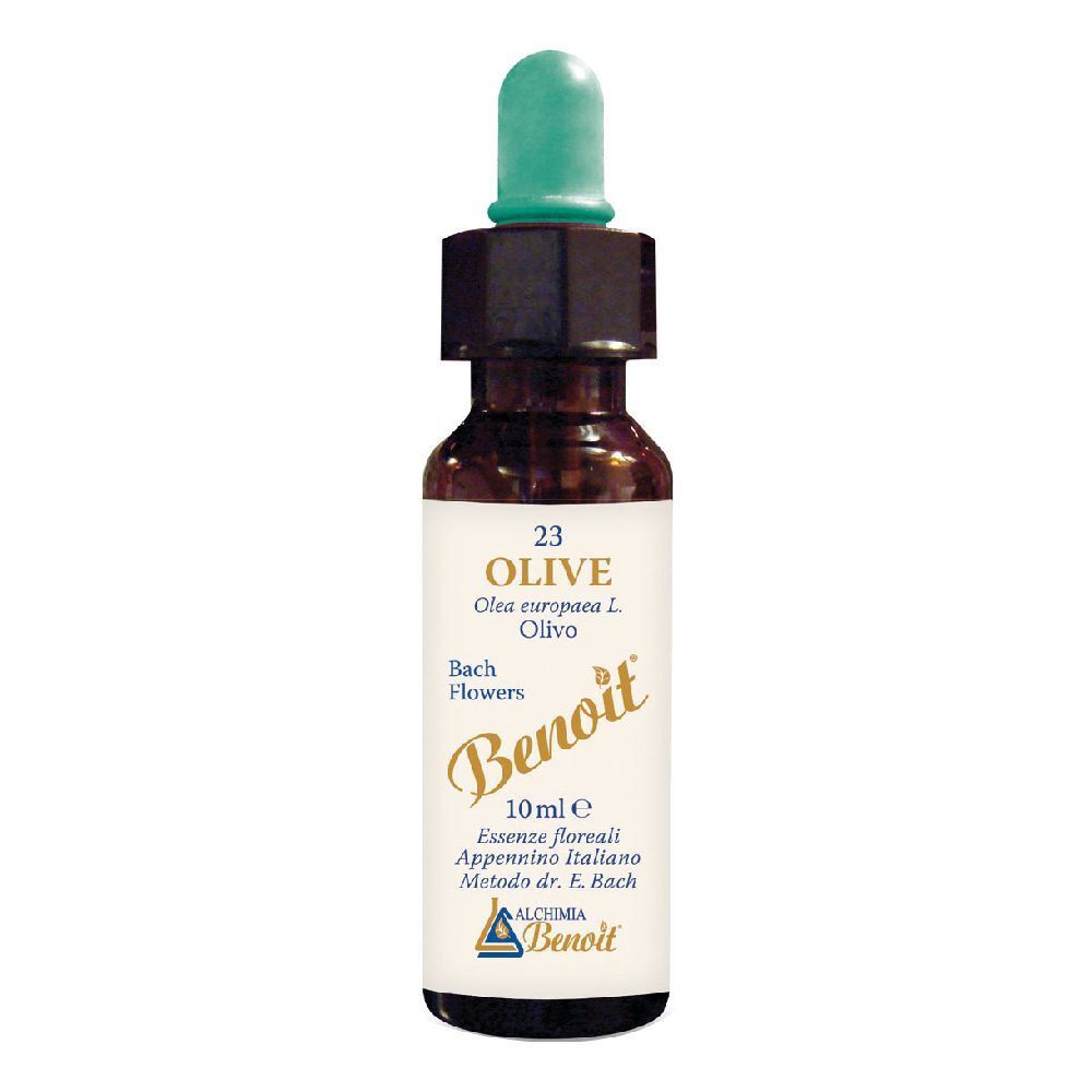 Flacone di vetro marrone con contagocce verde. Scritta: OLIVE, Benoit, 10 ml. Essenze floreali, Appennino italiano, Metodo dr. E. Bach.