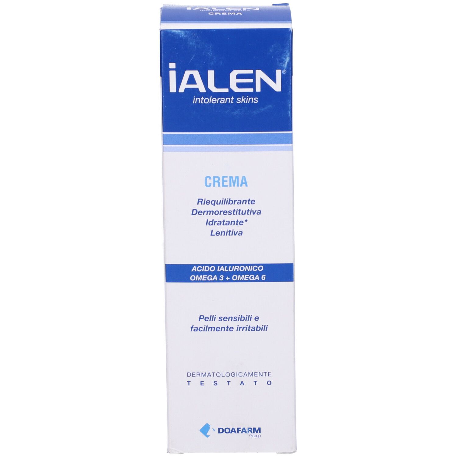 Scatola bianca e blu. Scritta: IALEN, Crema, Acido Ialuronico, Omega 3 + Omega 6. Dermatologicamente testato.
