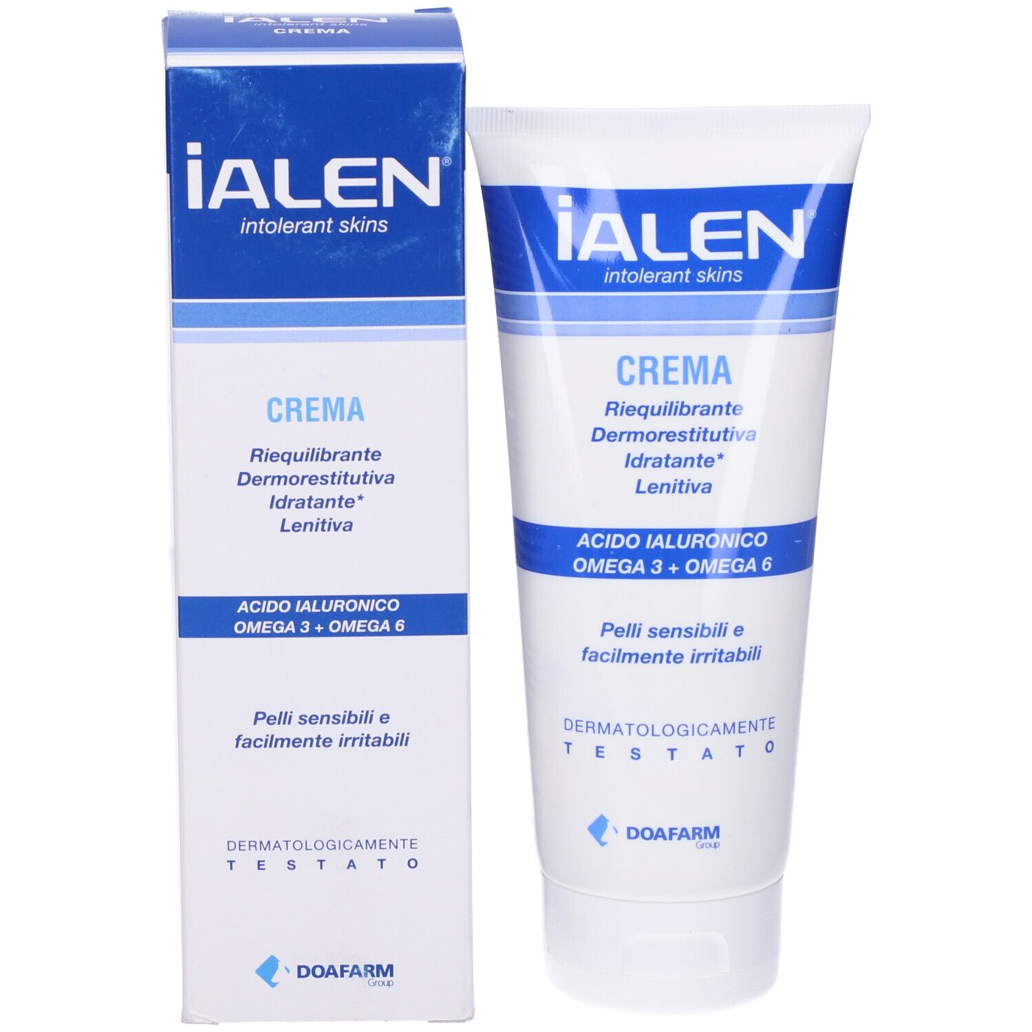 Tubo di crema e scatola. Scritta: IALEN, Crema, Acido Ialuronico, Omega 3 + Omega 6. Dermatologicamente testato.