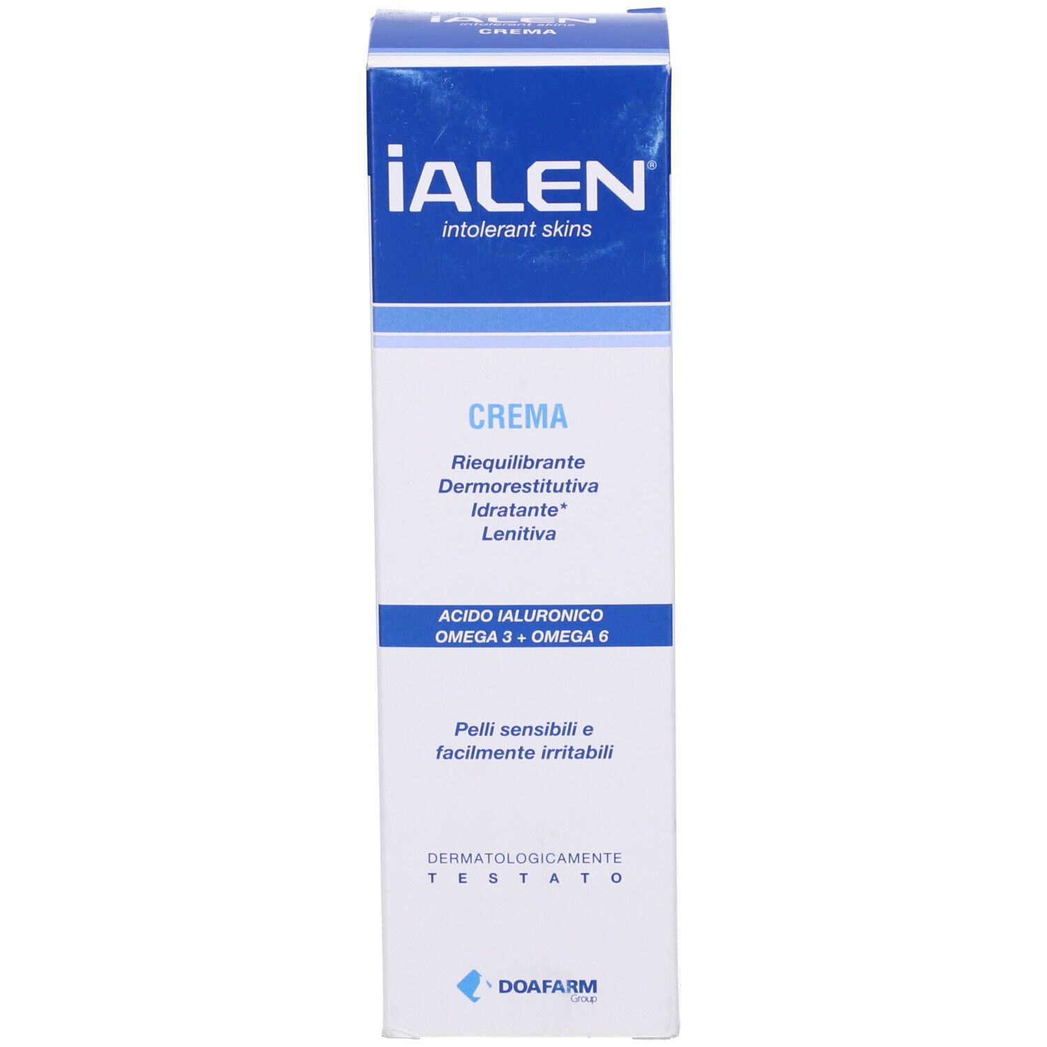 Scatola bianca e blu. Scritta: IALEN, Crema, Acido Ialuronico, Omega 3 + Omega 6. Dermatologicamente testato.